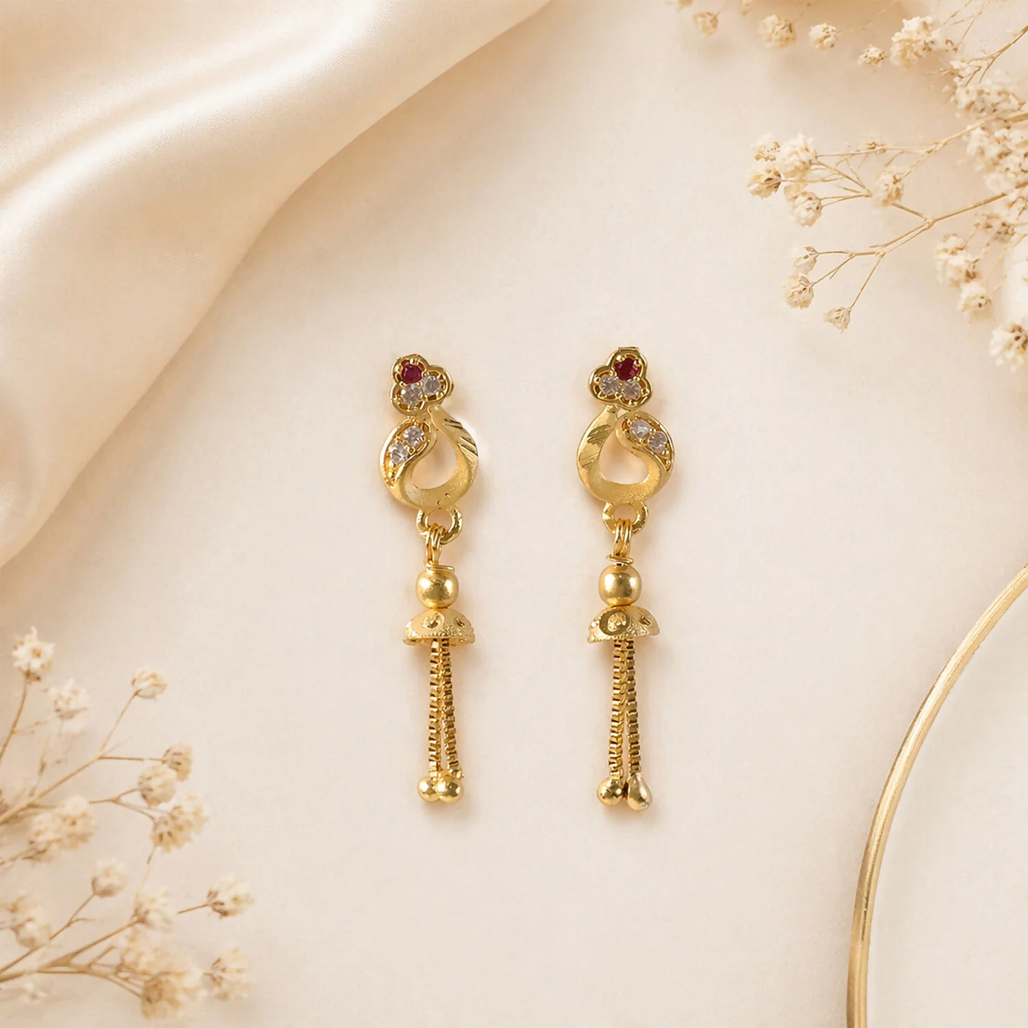 Gold-Plated Traditional Casting Chain Drop Earrings with Ruby and AD Stones - Image 4