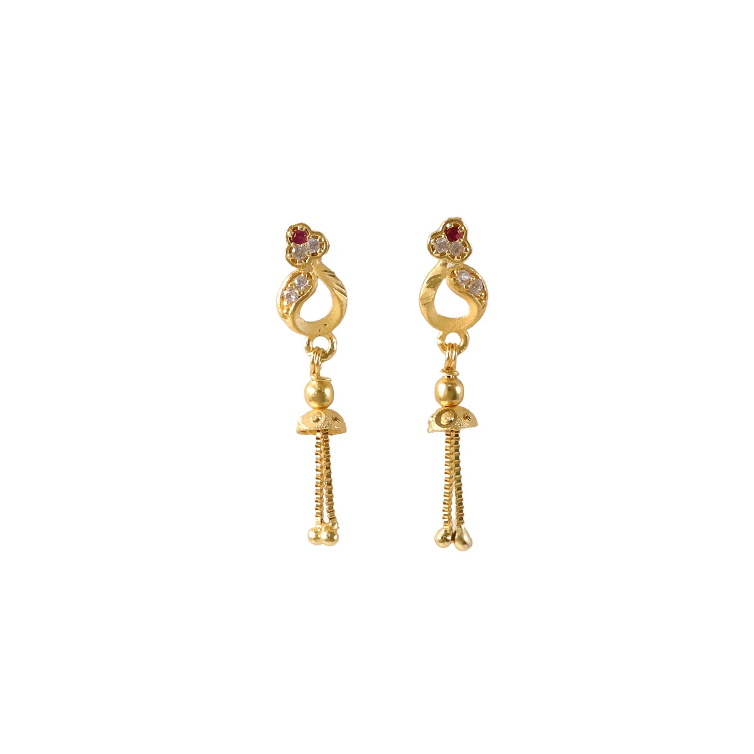 Gold-Plated Traditional Casting Chain Drop Earrings with Ruby and AD Stones - Image 5