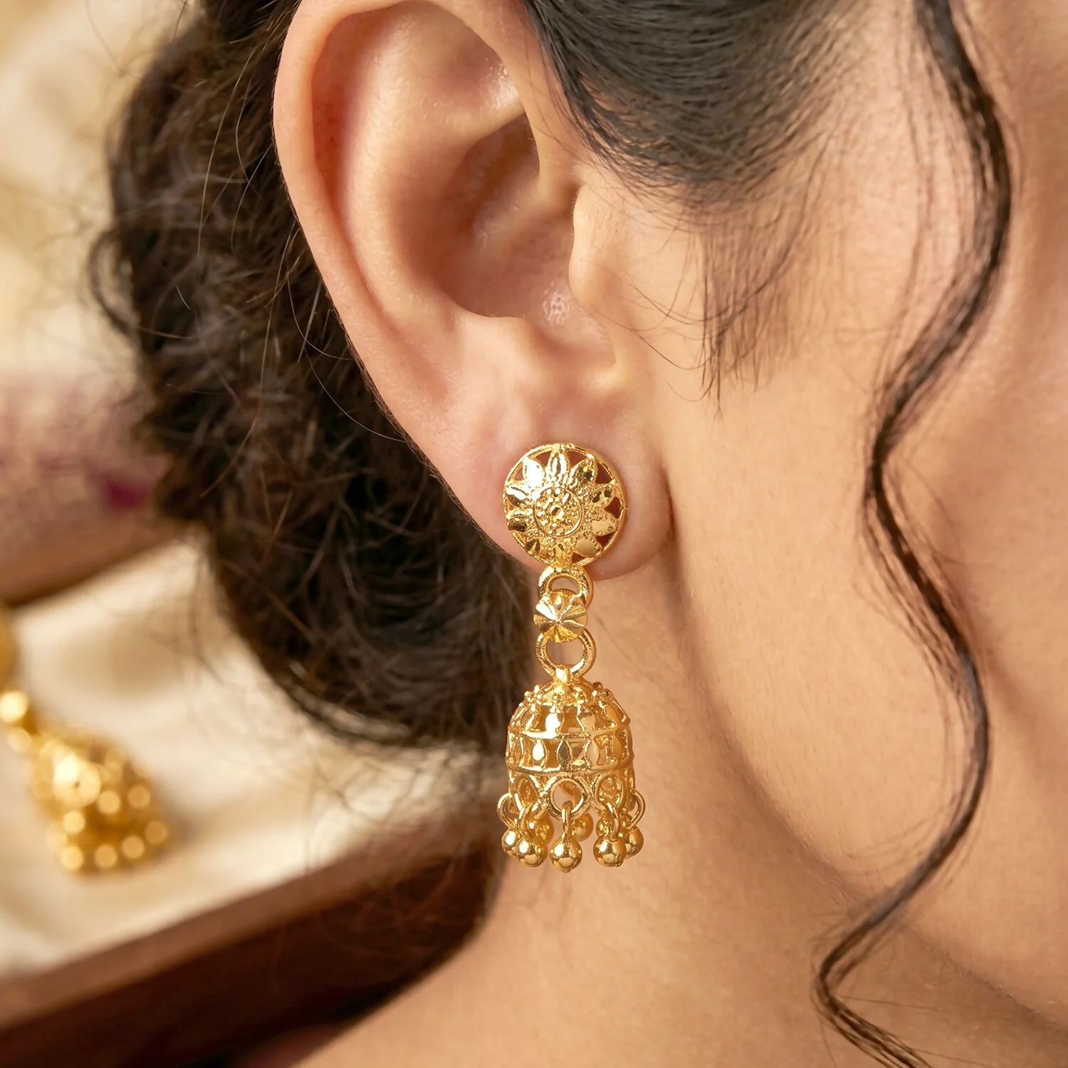 Gold-Plated Traditional Jhumka Earrings with Detailed Chain Design for Special Events - Image 3