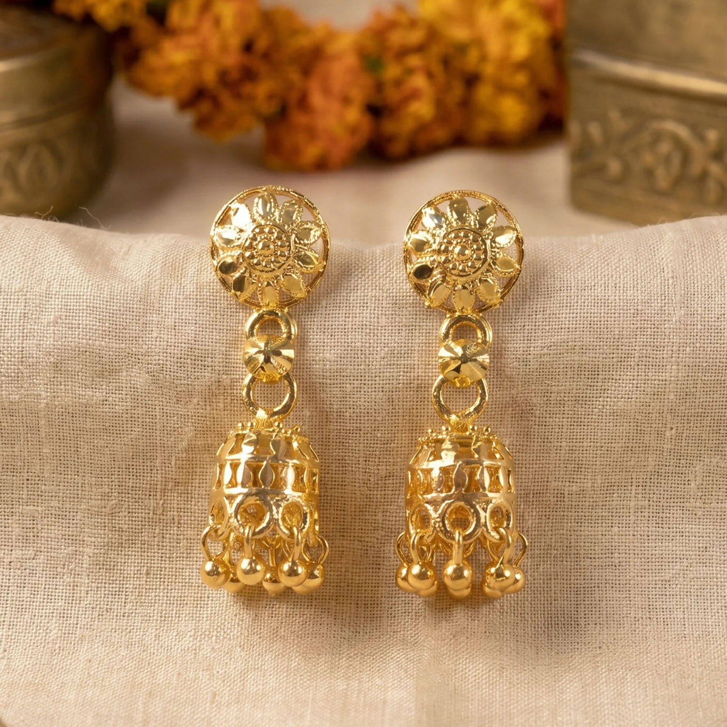 Gold-Plated Traditional Jhumka Earrings with Detailed Chain Design for Special Events - Image 4