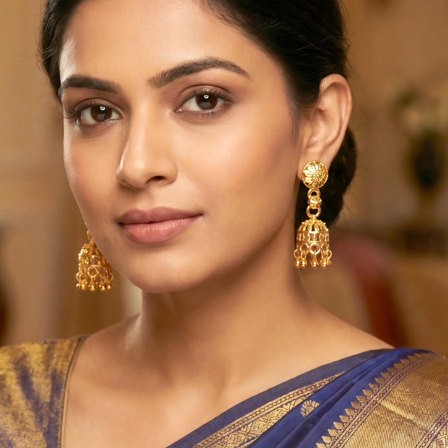 Gold-Plated Traditional Jhumka Earrings with Detailed Chain Design for Special Events - Image 5