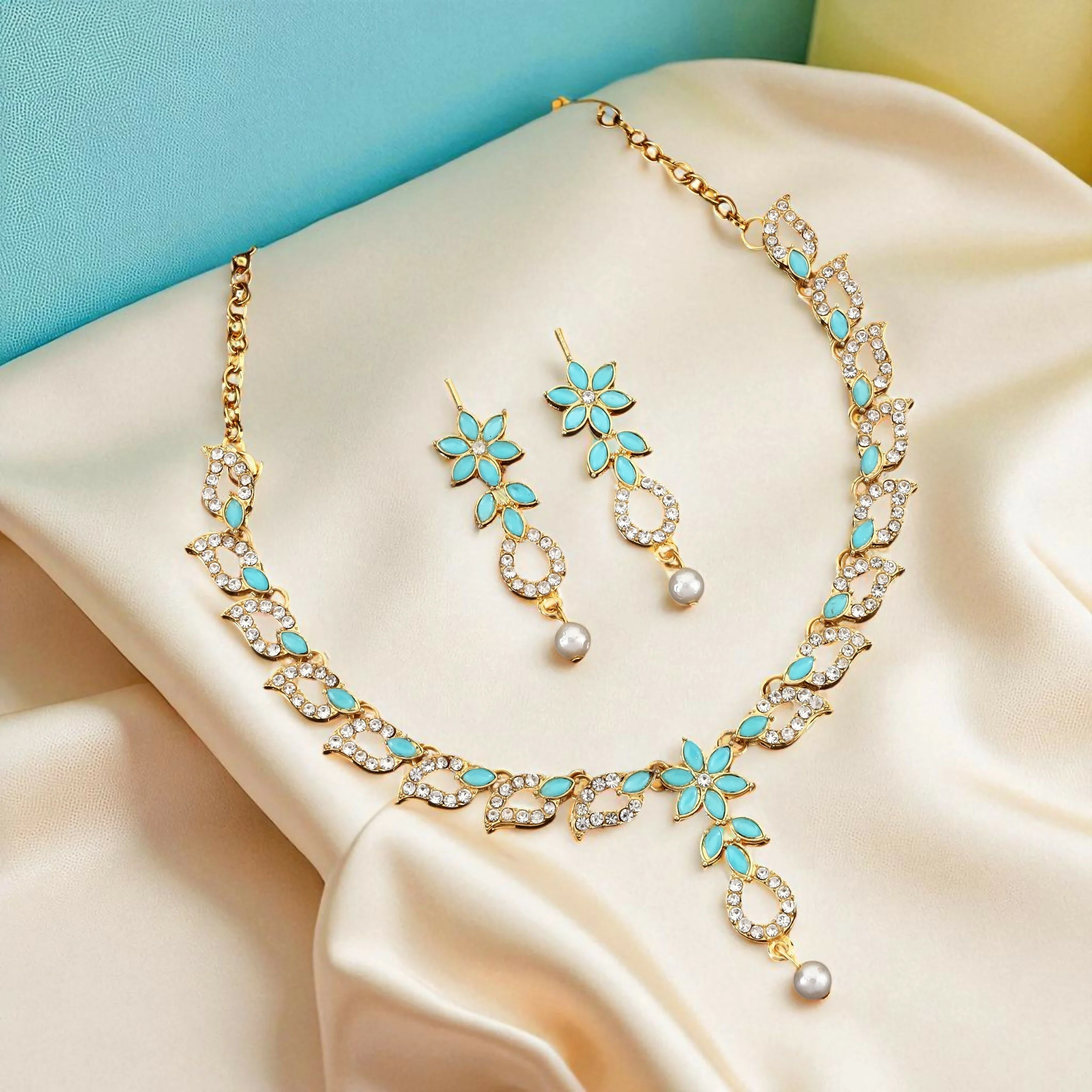 Gold-Plated Turquoise & Diamond-Look Floral Link Necklace Set - Image 3