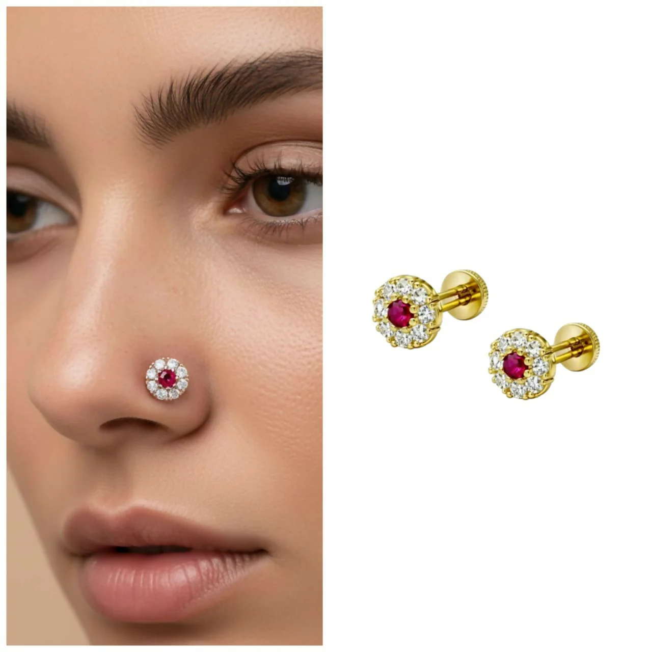 Gold Ruby & AD Halo Floral Nose Pin for women and girls Combo Pack of 2 - Image 3
