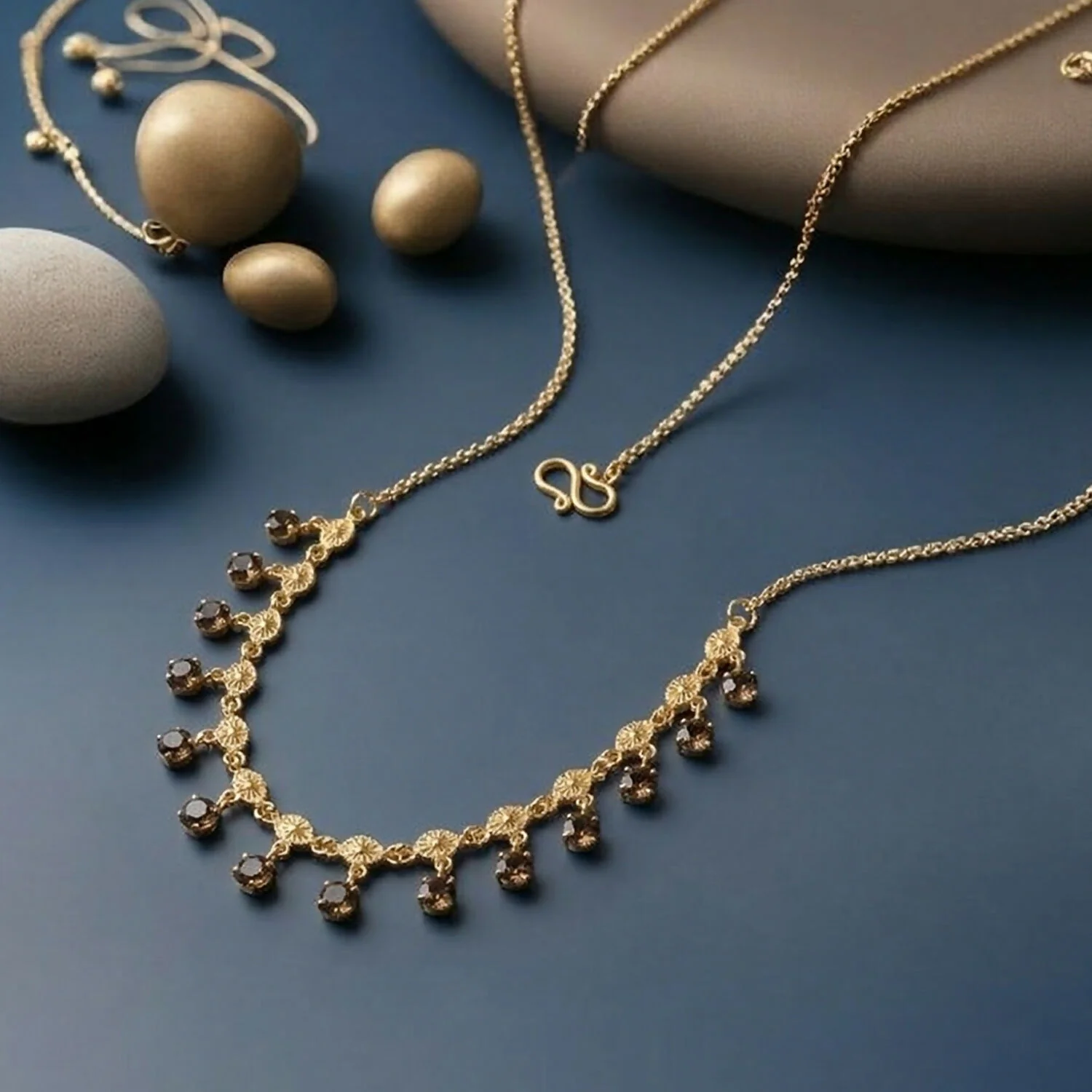 Gold Tone Beaded Drop Necklace with Elegant Fringe Design - Image 2