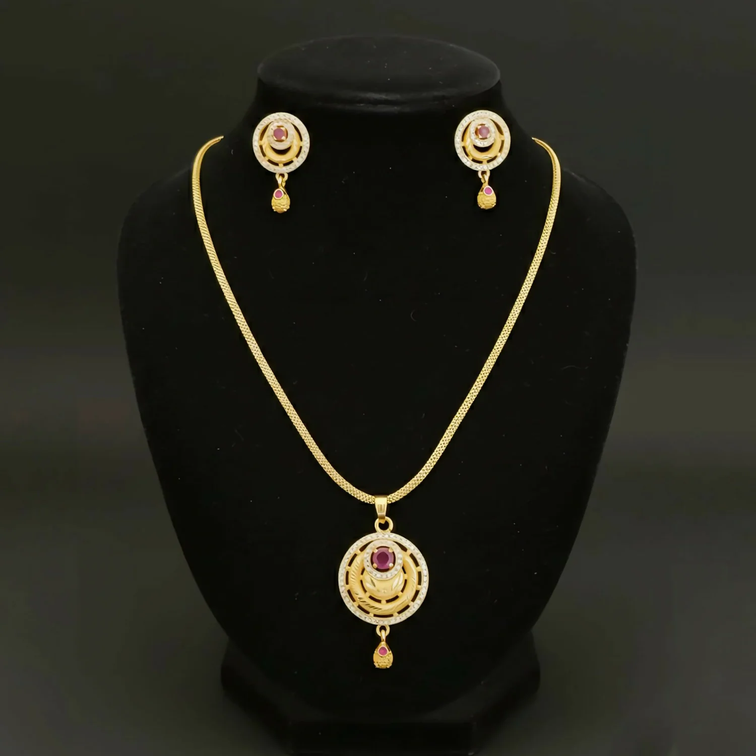 Gold-Tone Fashion Pendant Necklace Set with Ruby Accents and Matching Stud Earrings - Image 2