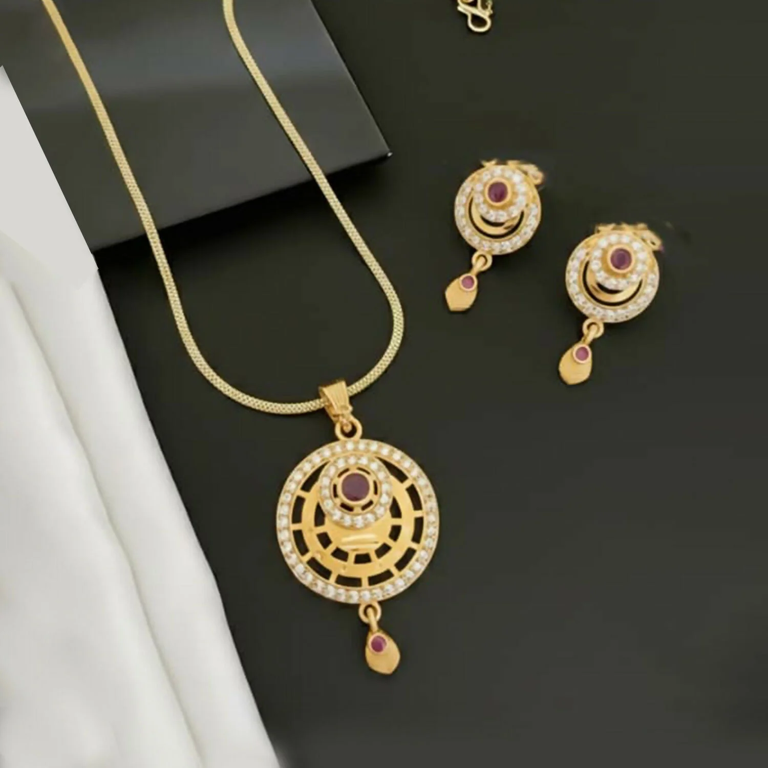 Gold-Tone Fashion Pendant Necklace Set with Ruby Accents and Matching Stud Earrings - Image 4