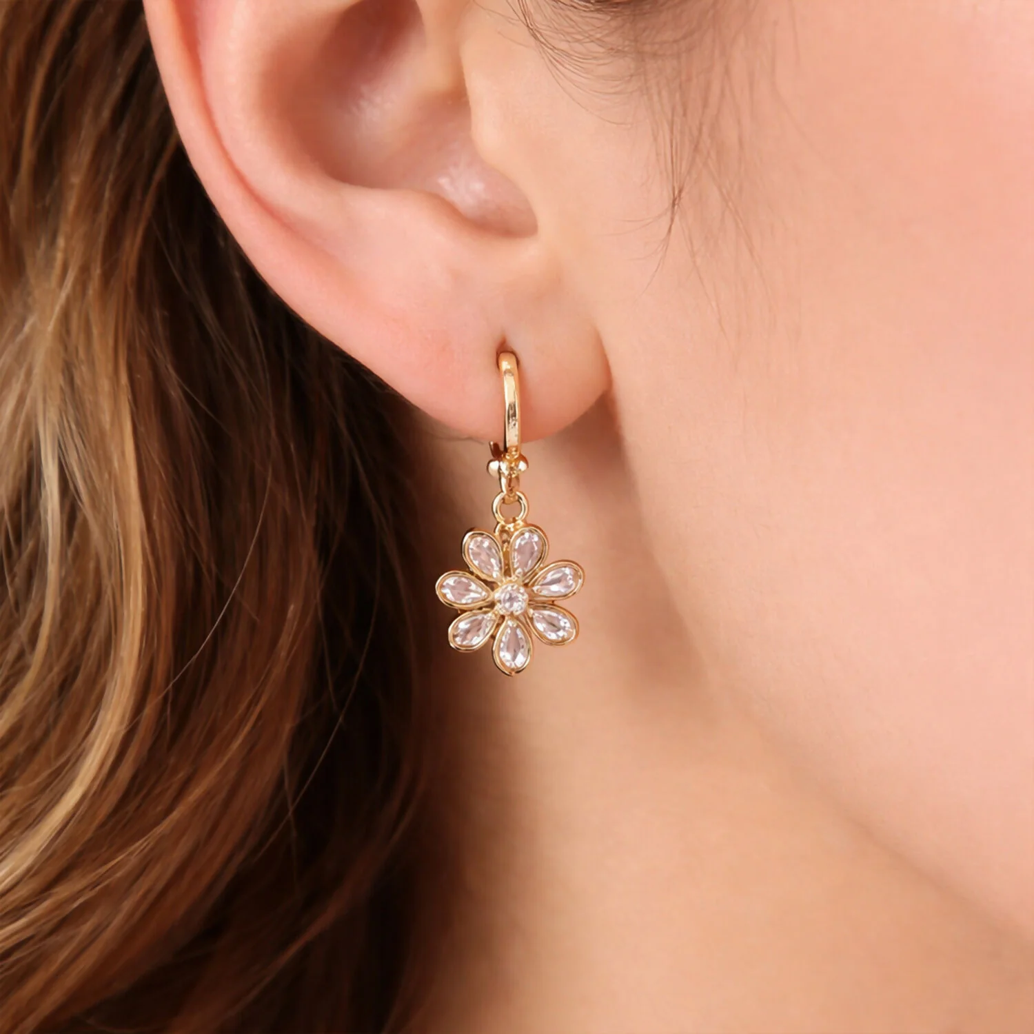Gold-Tone Floral Crystal Drop Hoop Earrings for Women - Image 4