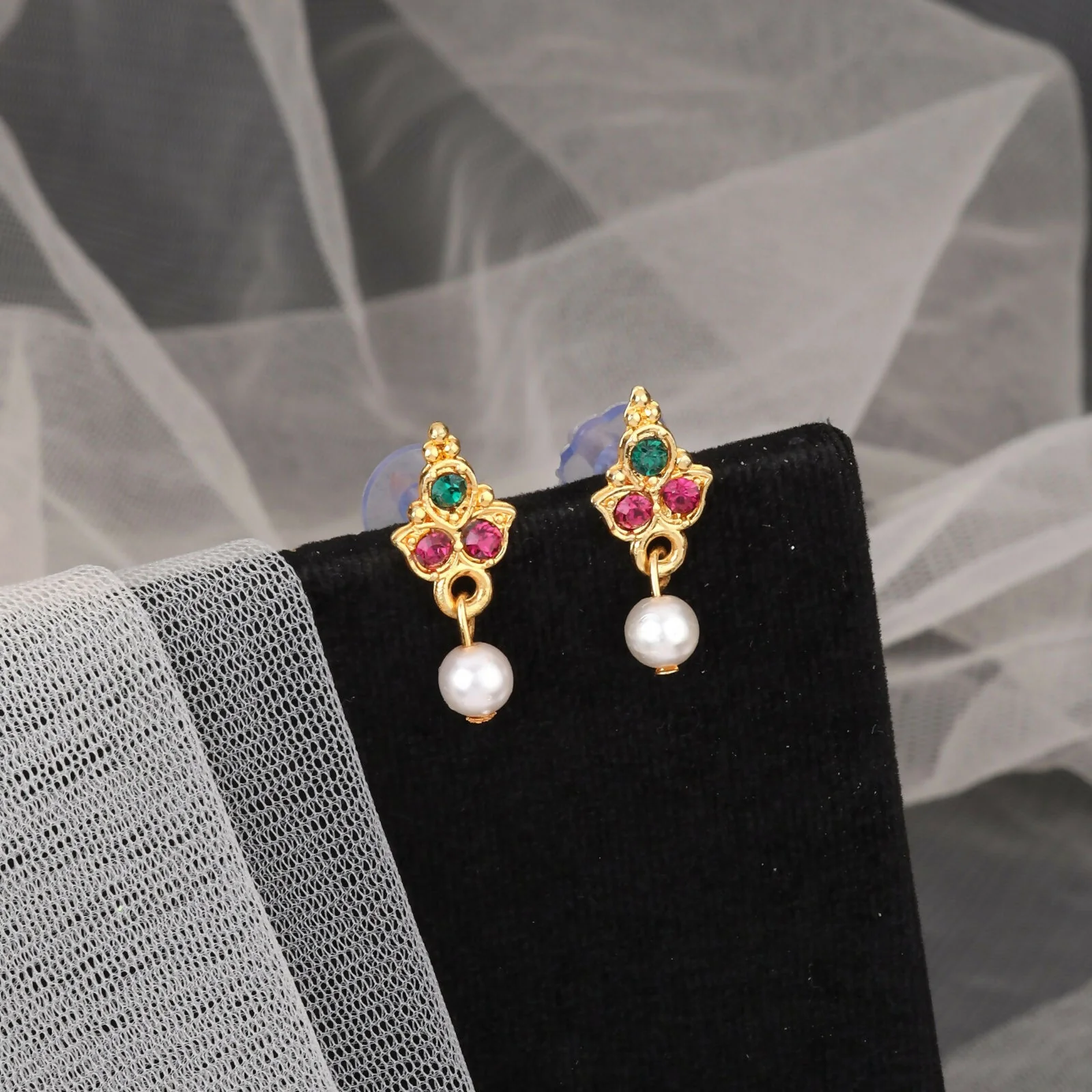 Gold-Tone Green-Pink & Crystal Flower Choker with Pearl Drops - Image 2