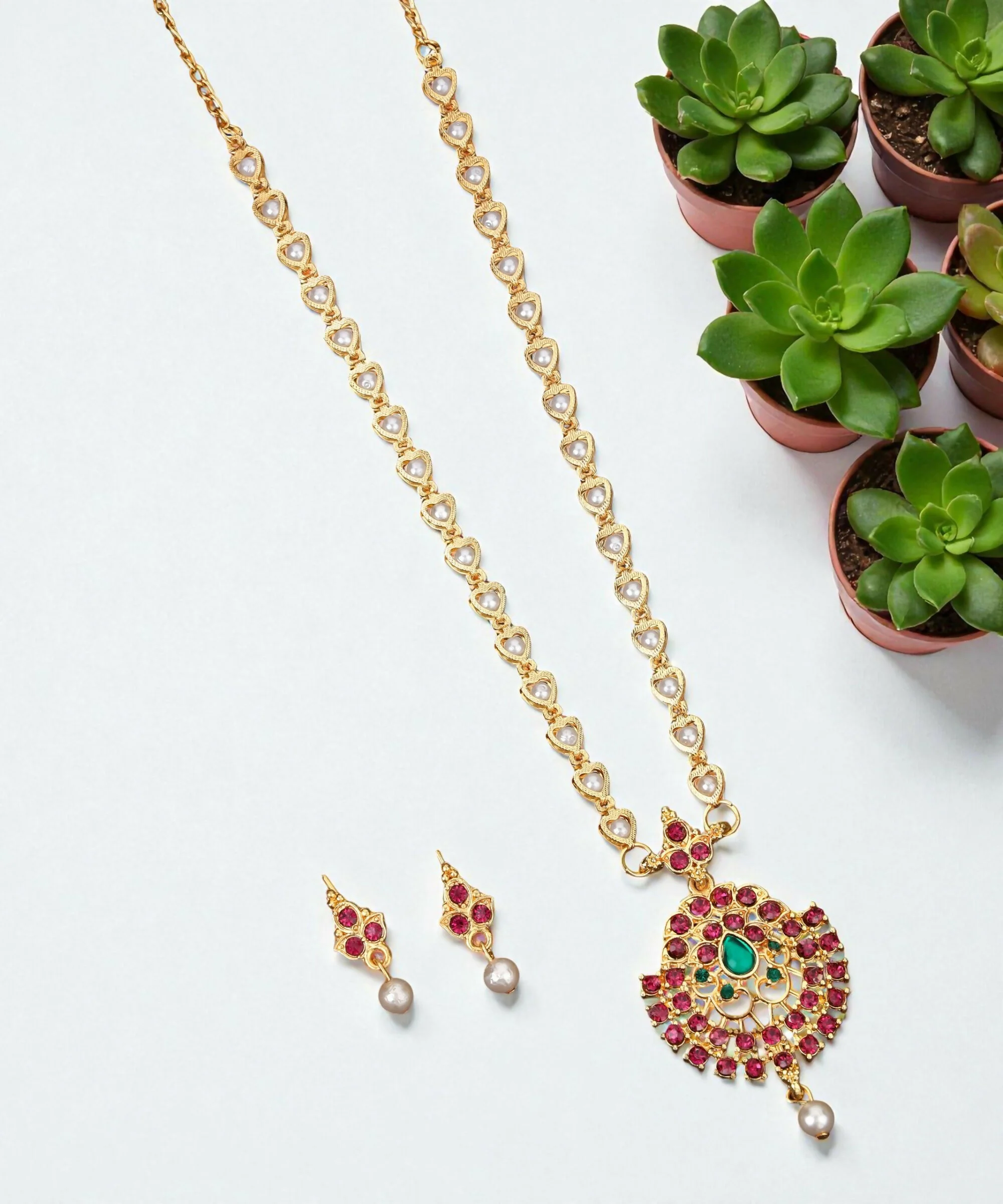 Gold-Tone Green-Pink & Crystal Flower Choker with Pearl Drops - Image 3