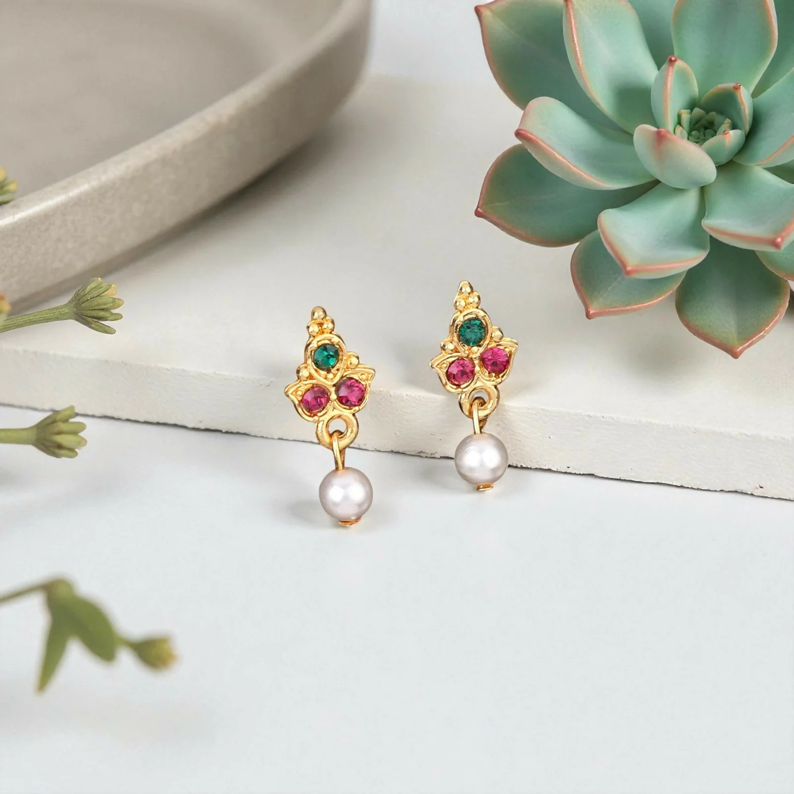Gold-Tone Green-Pink & Crystal Flower Choker with Pearl Drops - Image 4
