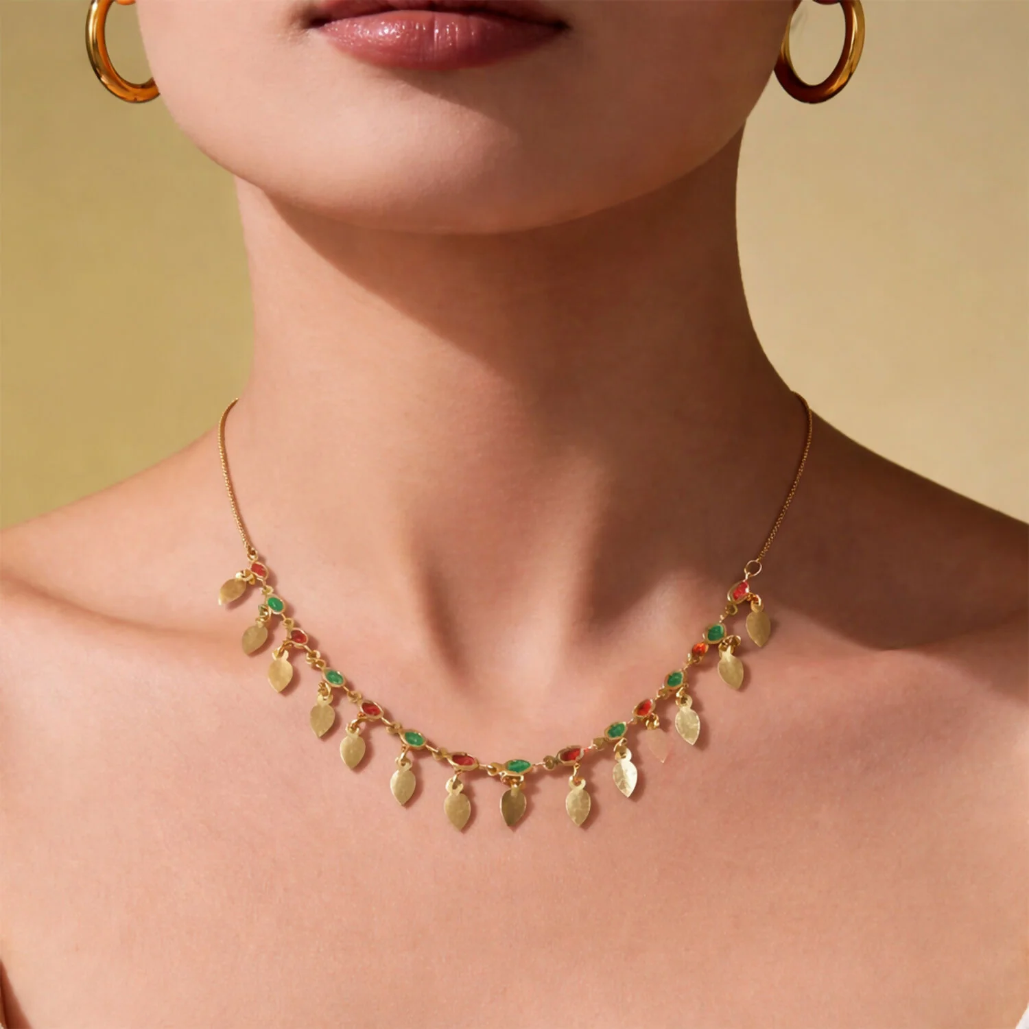 Gold Tone Leaf Charm Necklace with Multicolor Stones - Image 2