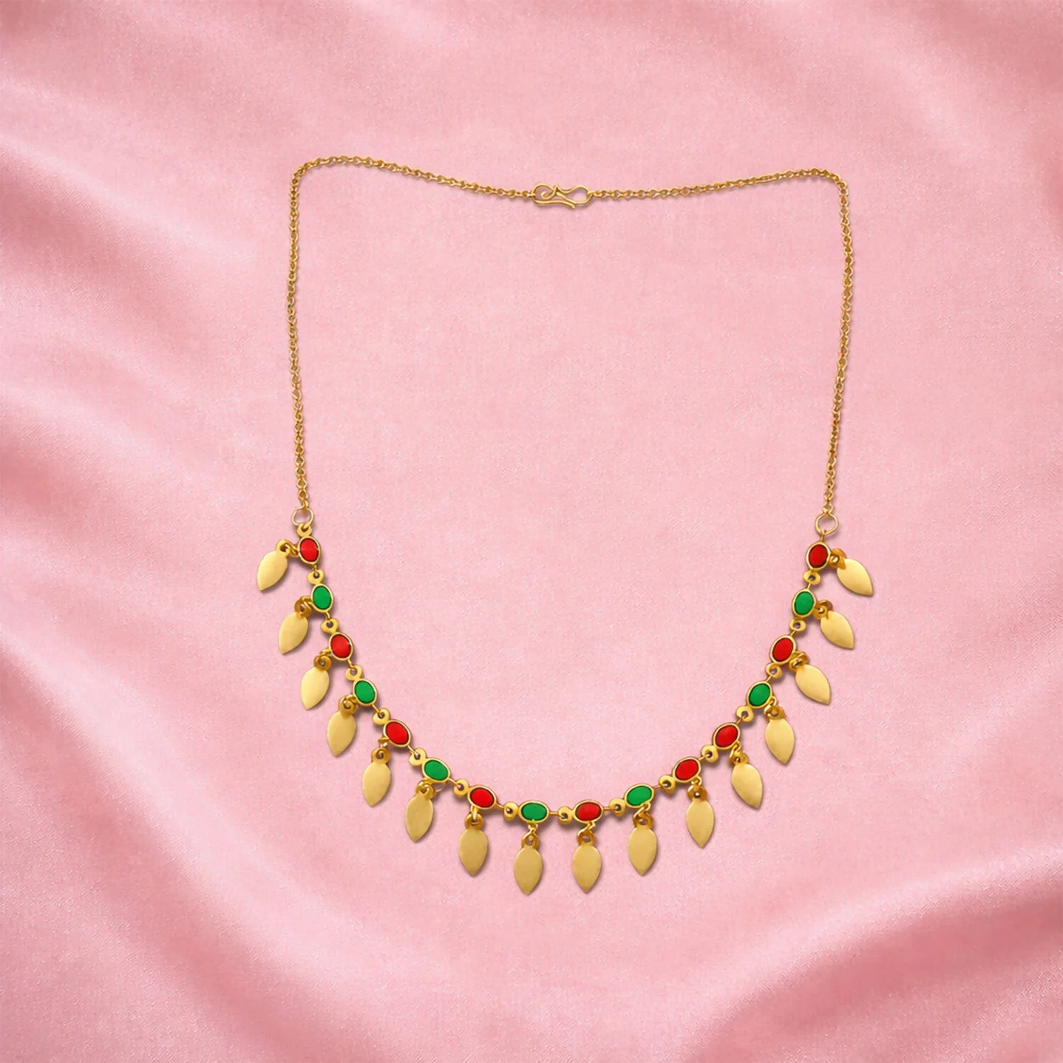 Gold Tone Leaf Charm Necklace with Multicolor Stones - Image 3