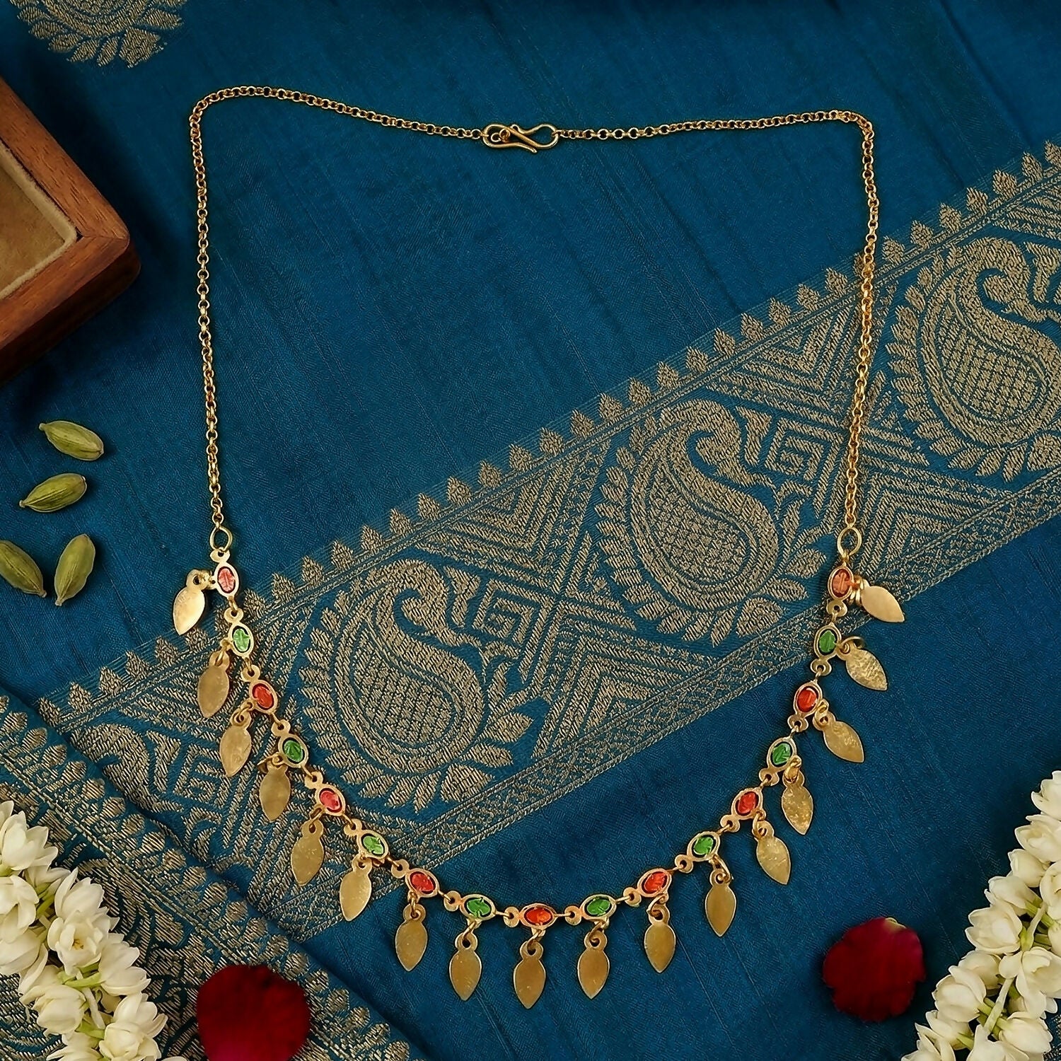 Gold Tone Leaf Charm Necklace with Multicolor Stones - Image 4