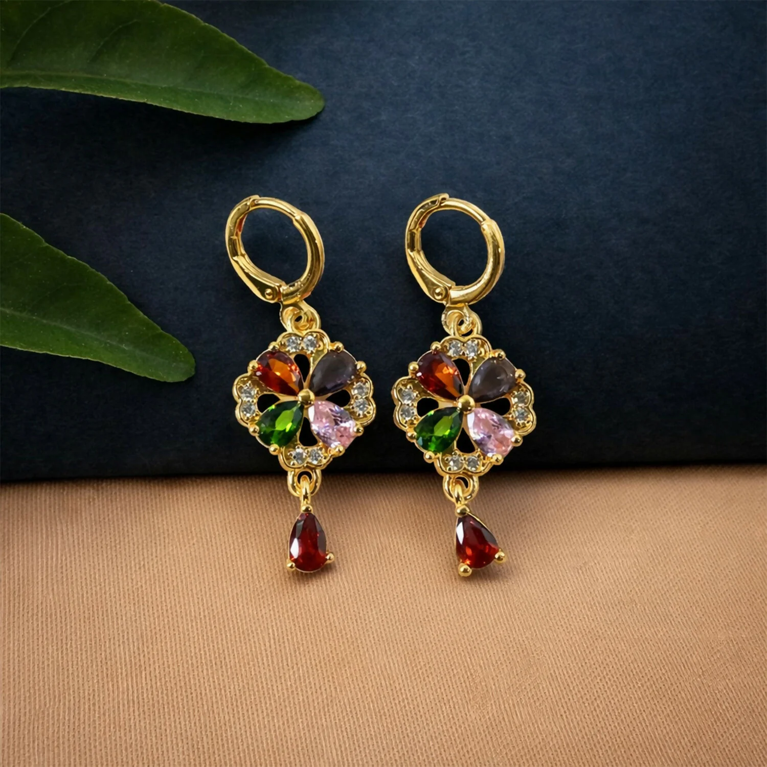 Gold-Tone Multicolor Crystal Floral Drop Hoop Earrings for Women - Image 2