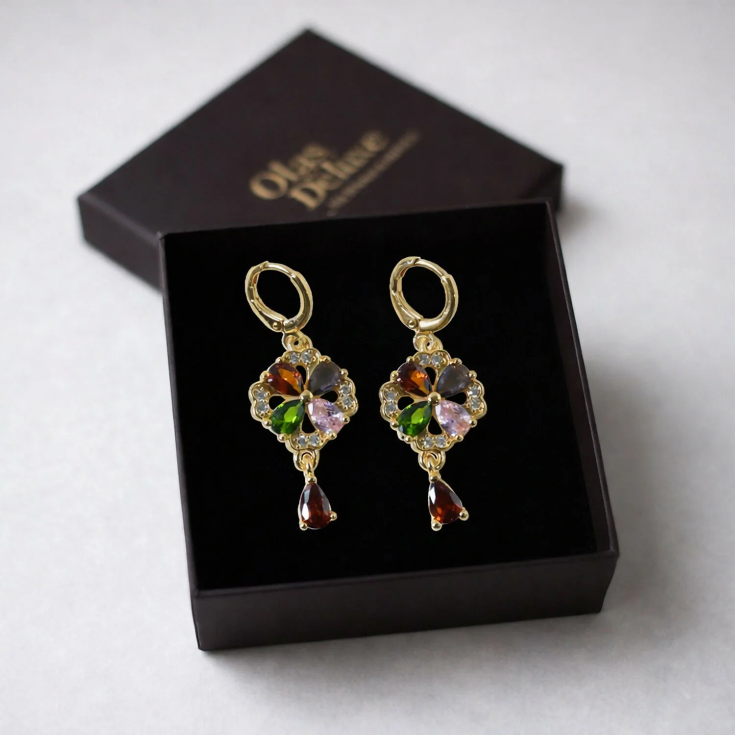 Gold-Tone Multicolor Crystal Floral Drop Hoop Earrings for Women - Image 3