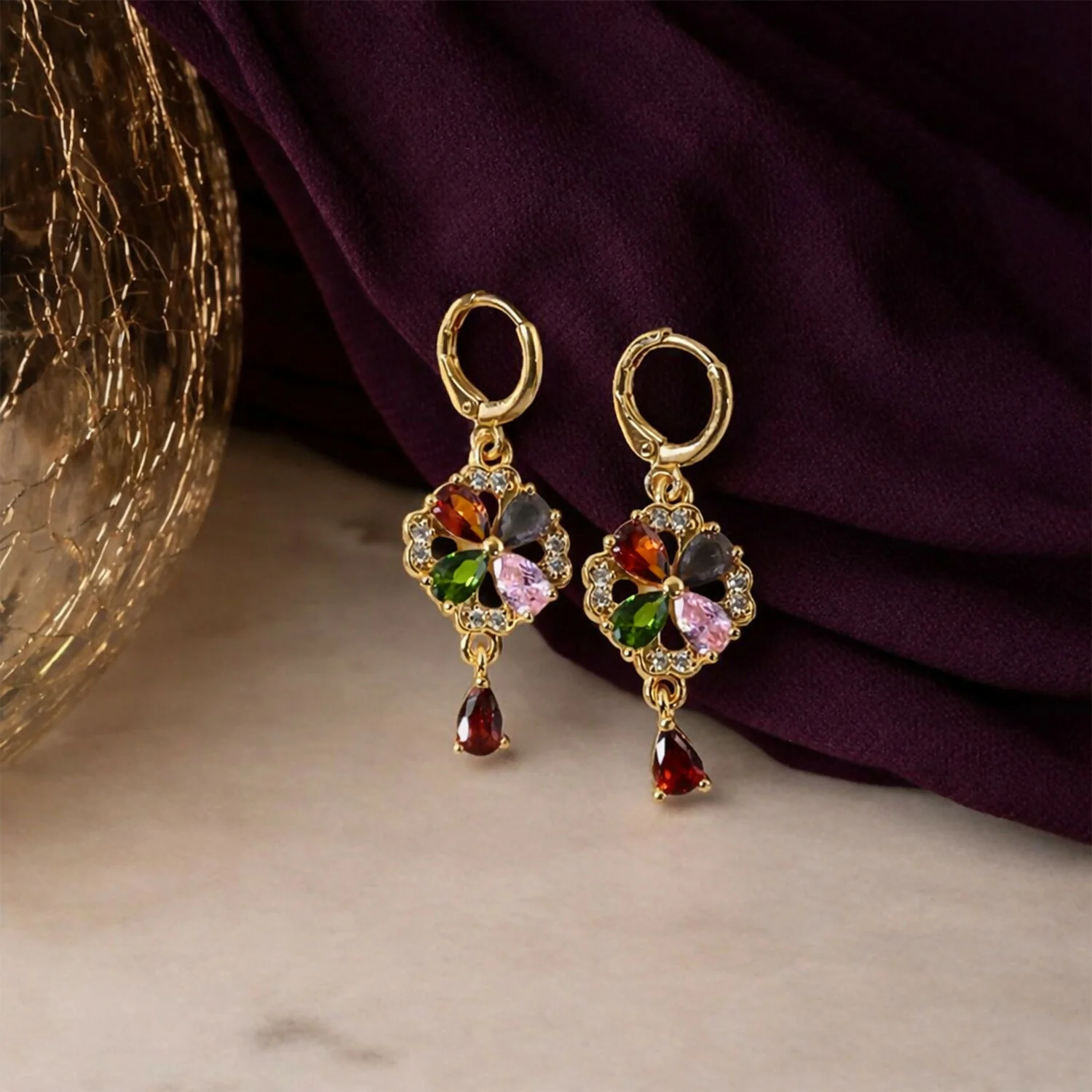 Gold-Tone Multicolor Crystal Floral Drop Hoop Earrings for Women - Image 4