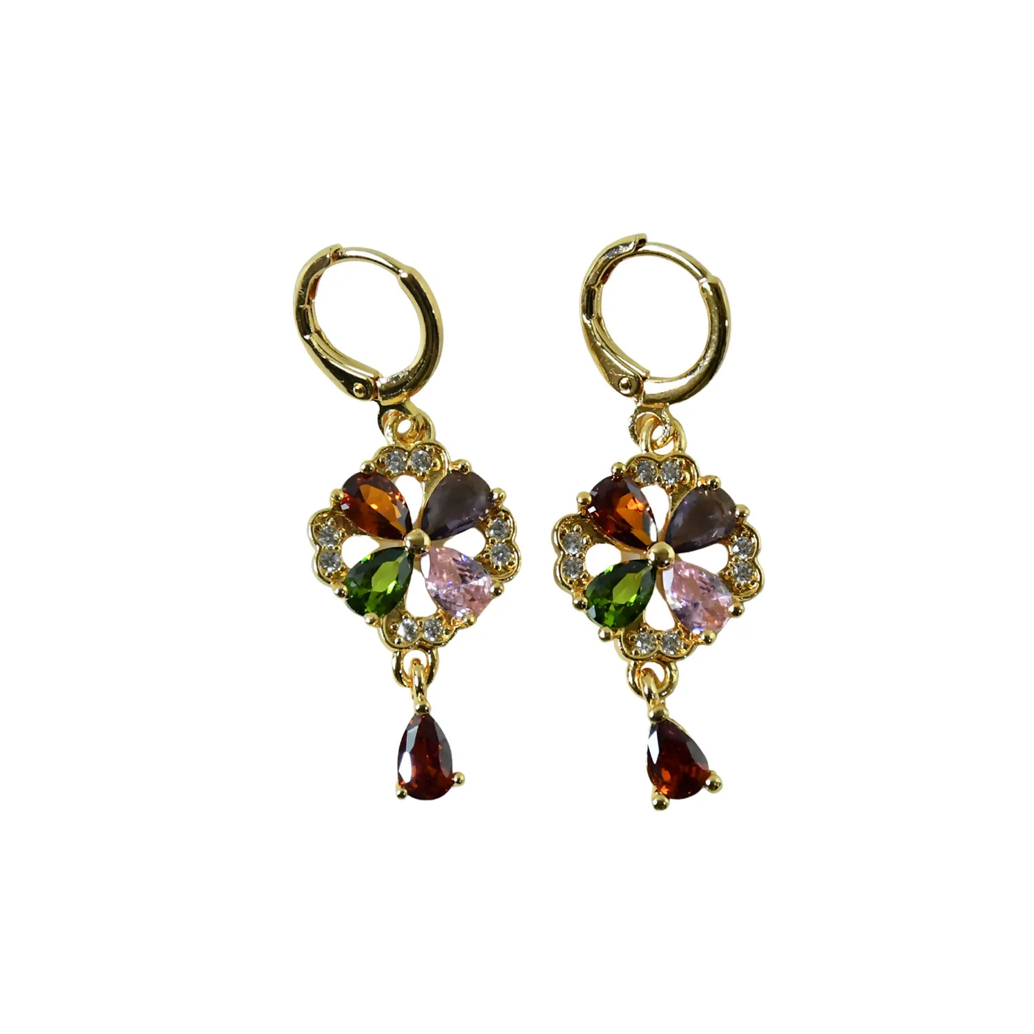 Gold-Tone Multicolor Crystal Floral Drop Hoop Earrings for Women - Image 5