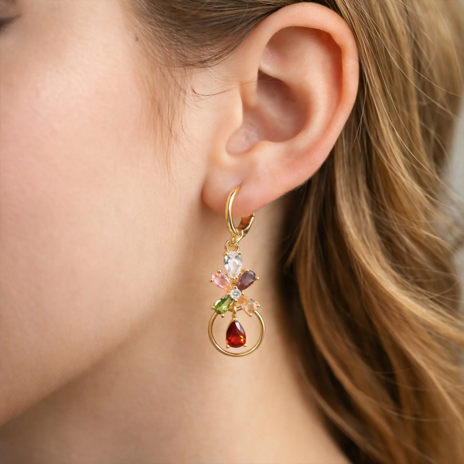 Gold-Tone Multicolor Floral Crystal Hoop Drop Earrings for Women - Image 2