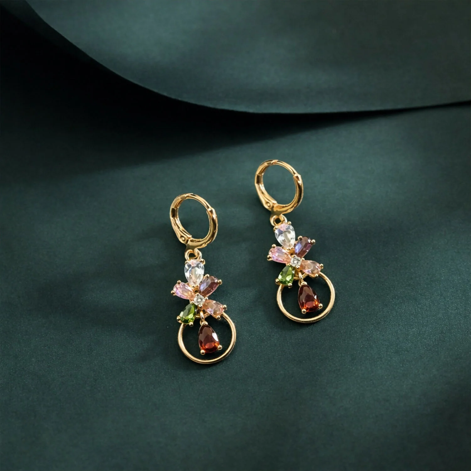 Gold-Tone Multicolor Floral Crystal Hoop Drop Earrings for Women - Image 3