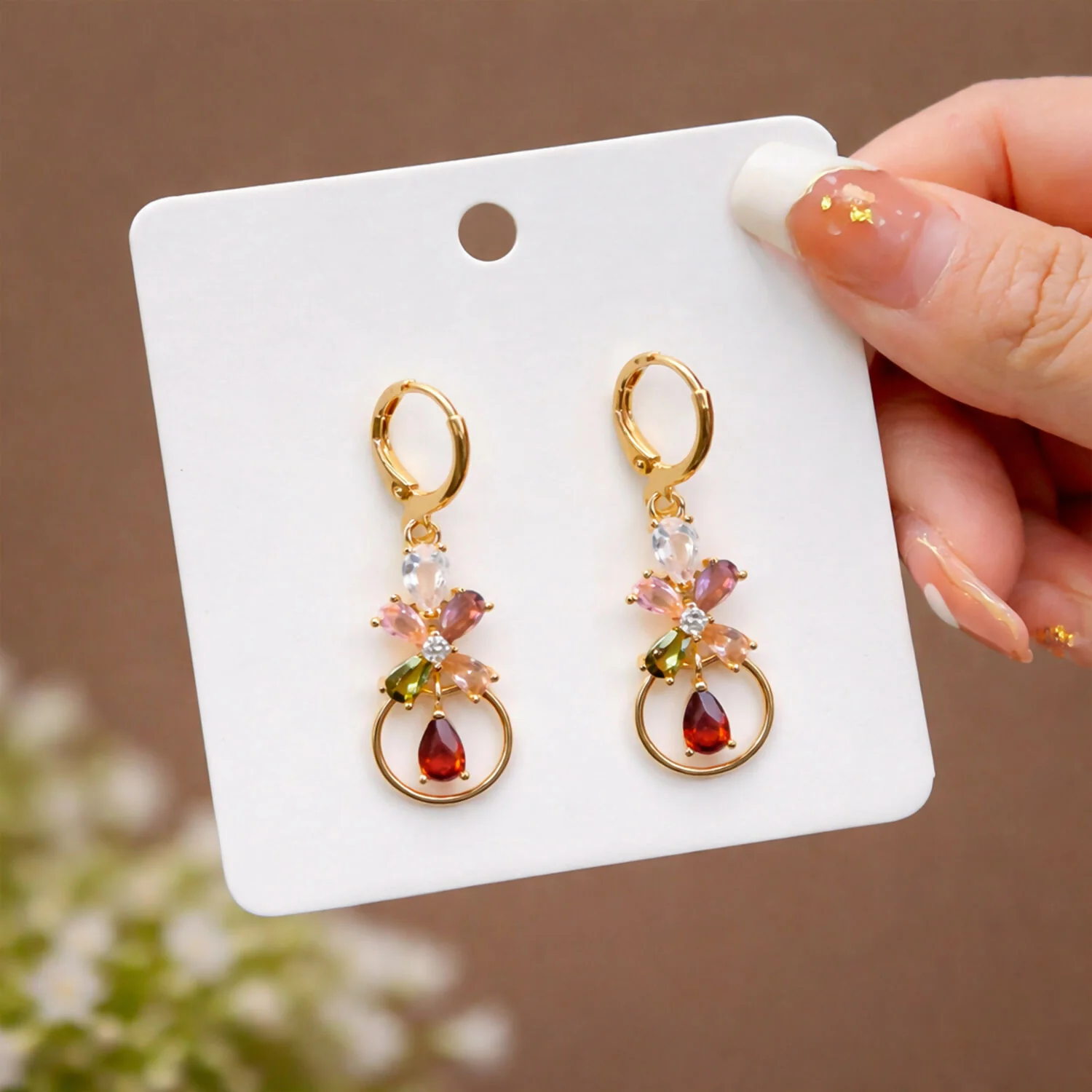 Gold-Tone Multicolor Floral Crystal Hoop Drop Earrings for Women - Image 4