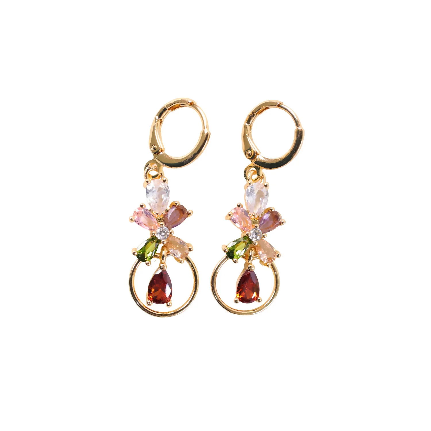 Gold-Tone Multicolor Floral Crystal Hoop Drop Earrings for Women - Image 5