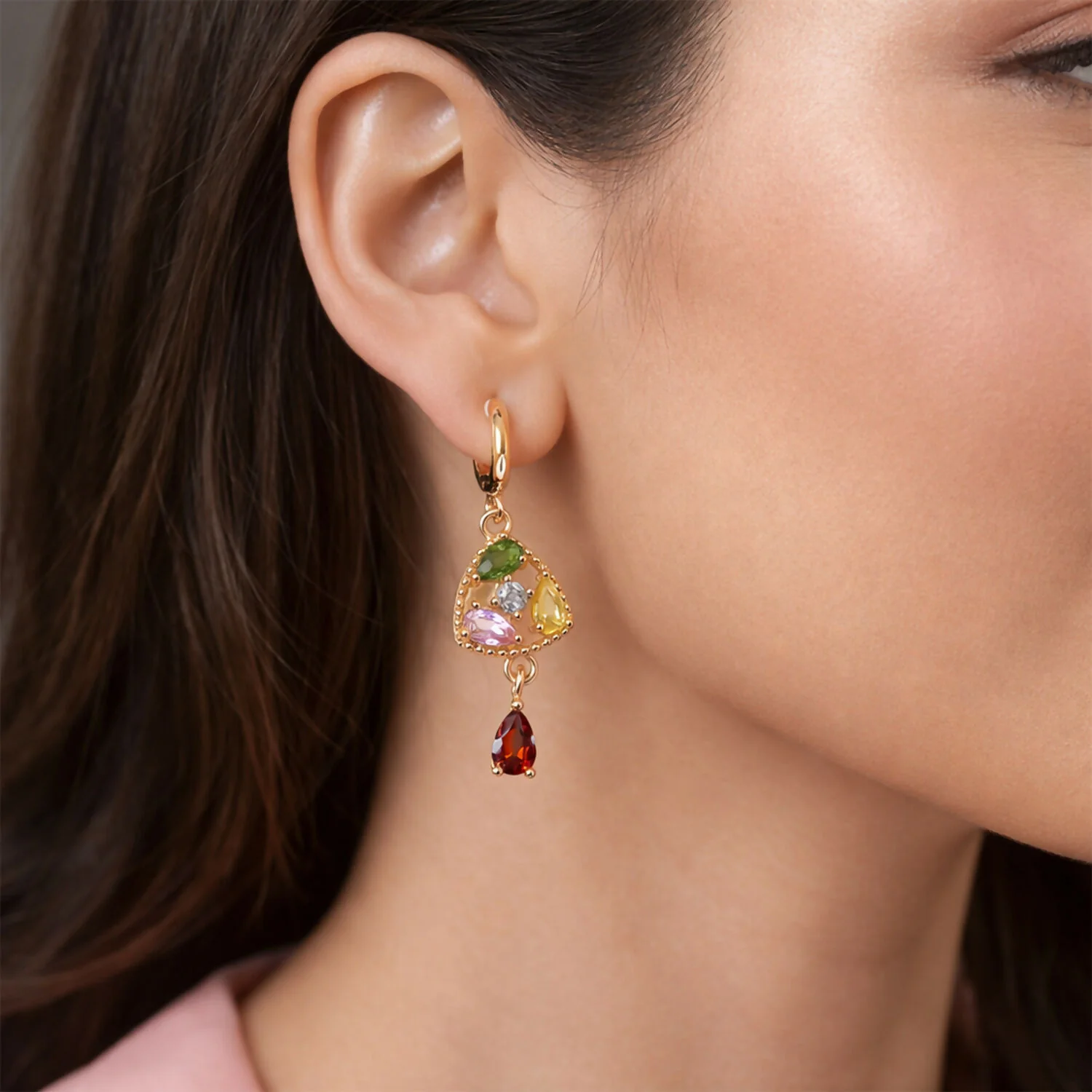 Gold-Tone Multicolor Stone Drop Earrings with Hoop Lock for Women & Girl - Image 2