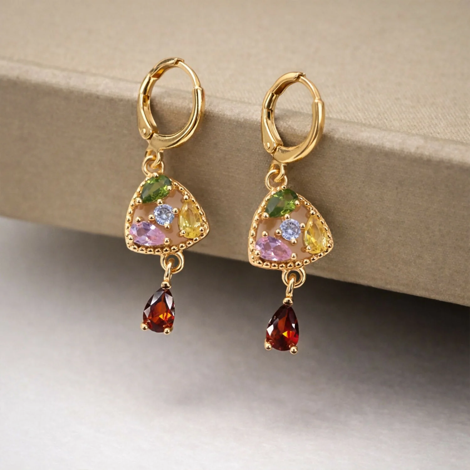 Gold-Tone Multicolor Stone Drop Earrings with Hoop Lock for Women & Girl - Image 3