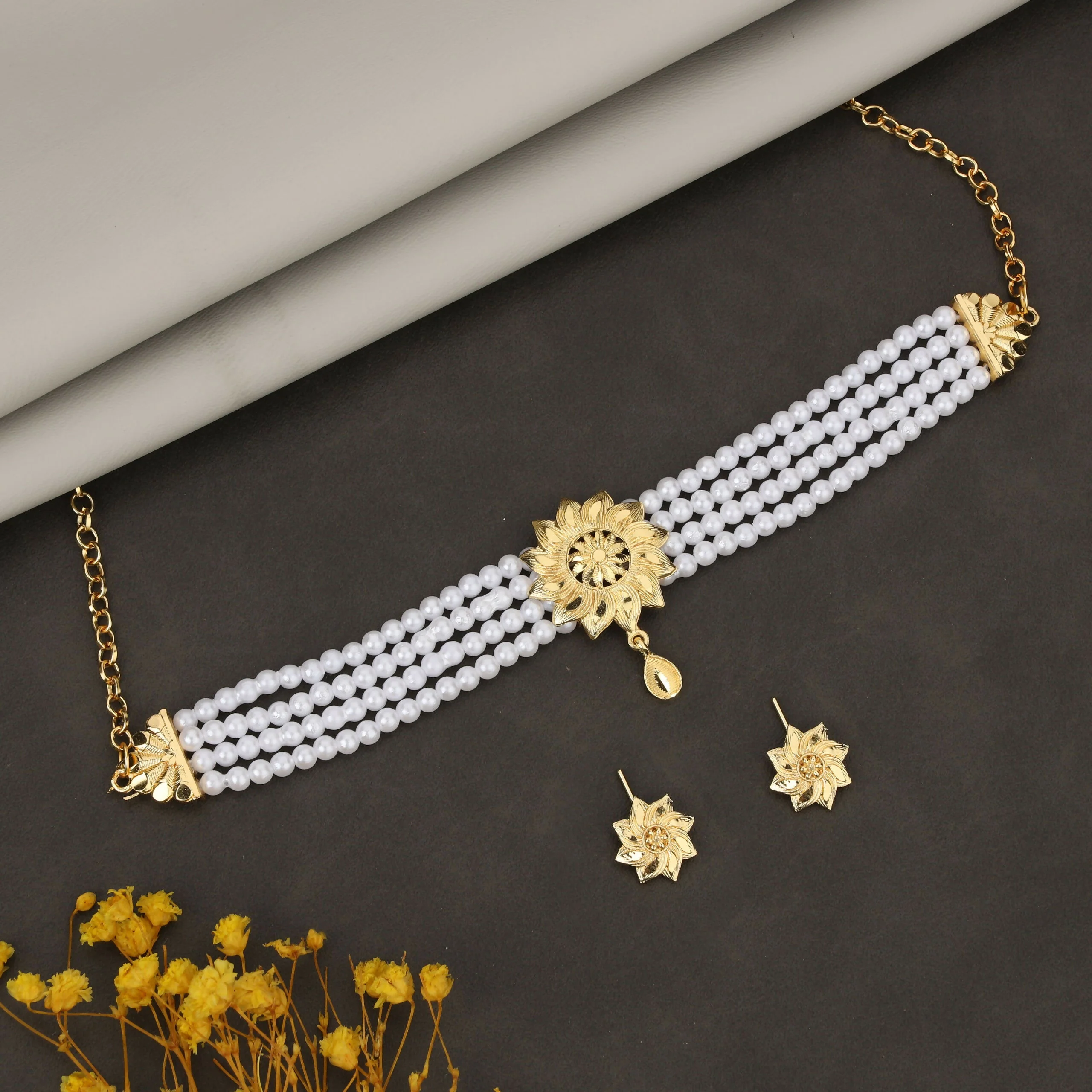Gold-Tone Ruby & Crystal Choker with Faux Pearl Drops