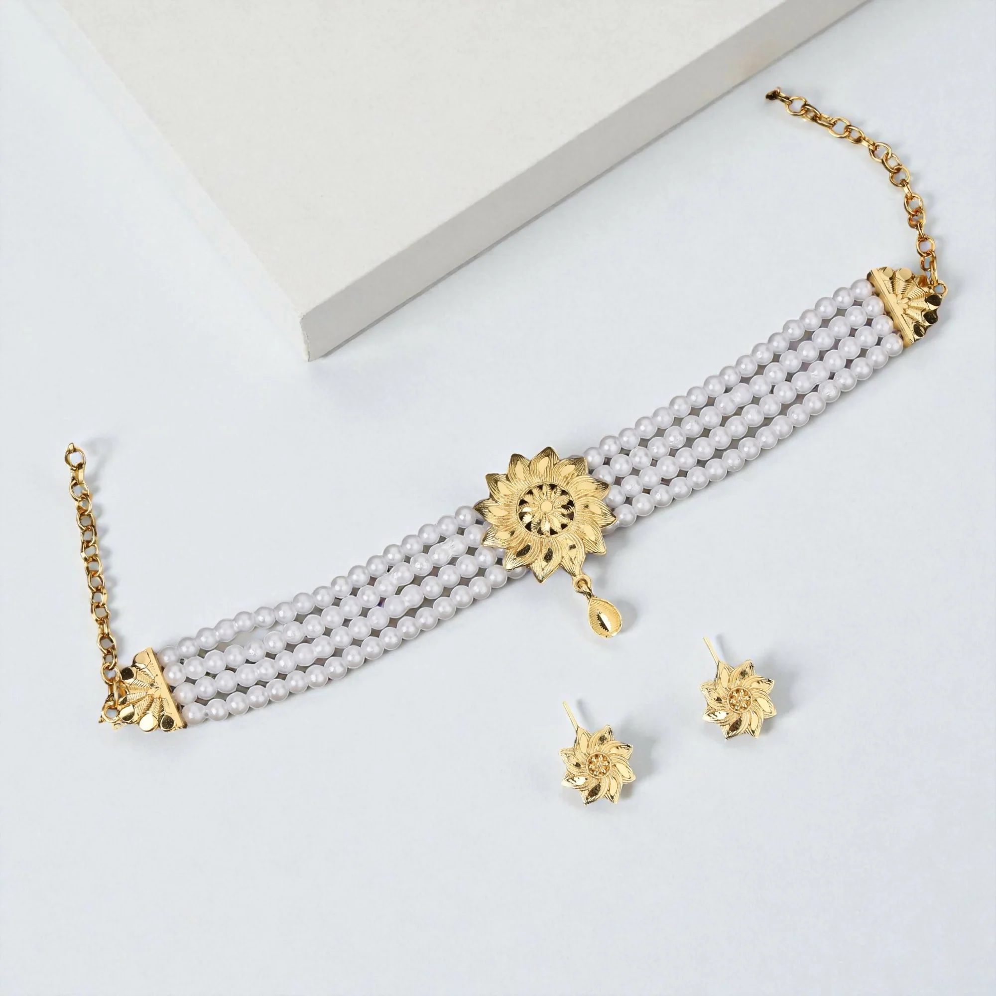 Gold-Tone Ruby & Crystal Choker with Faux Pearl Drops - Image 3