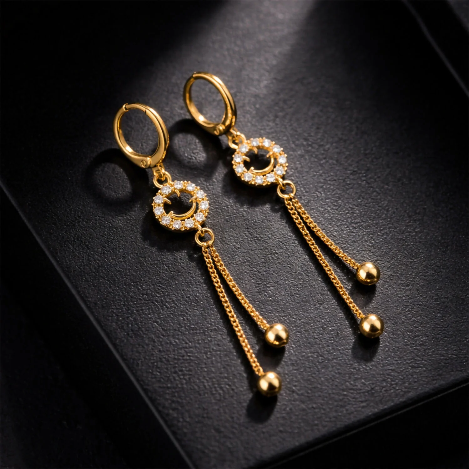 Gold-Tone Smiley Crystal Circle Tassel Drop Earrings for Women - Image 3