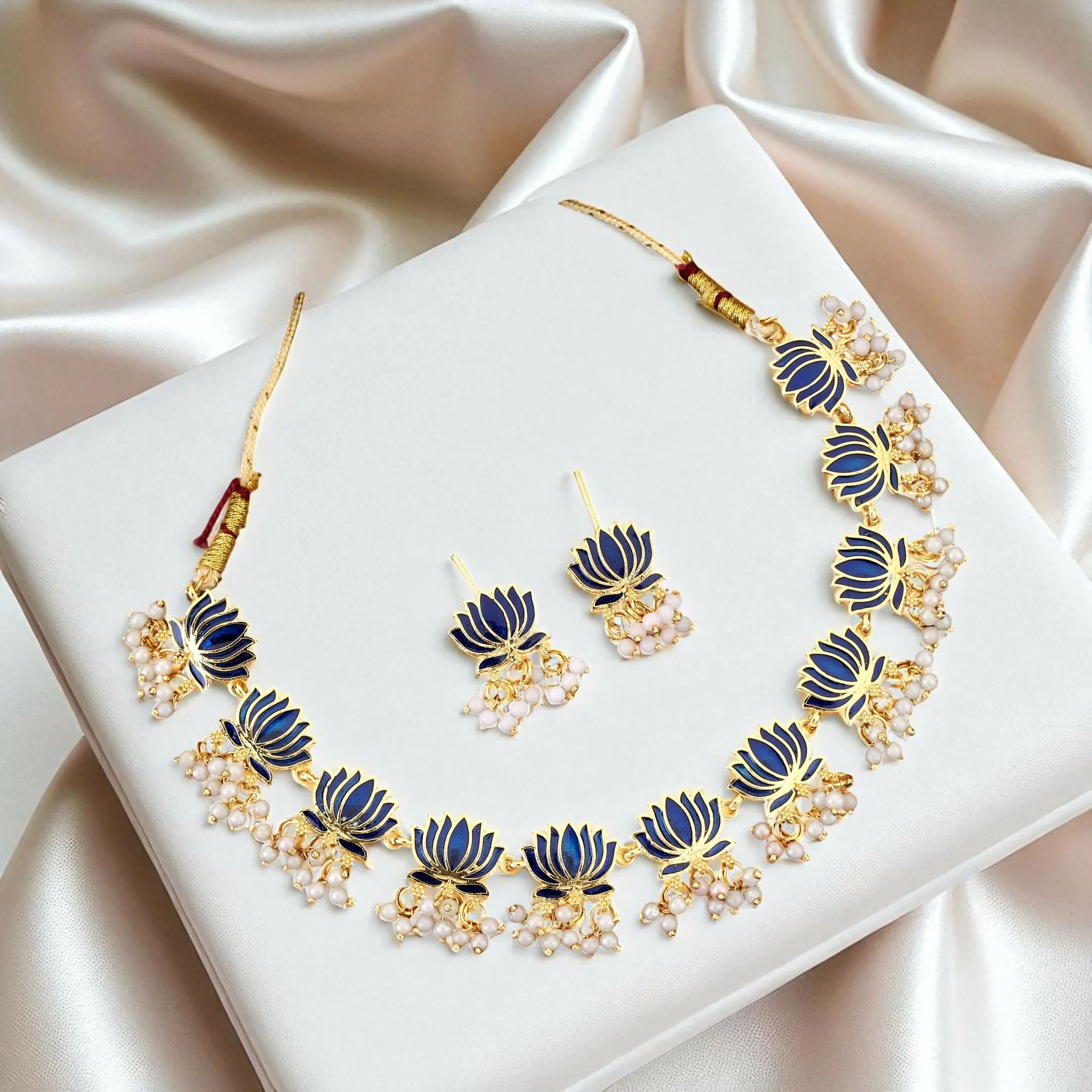 Gold-Toned BLUE Petal & AD Cluster Choker Set - Image 3