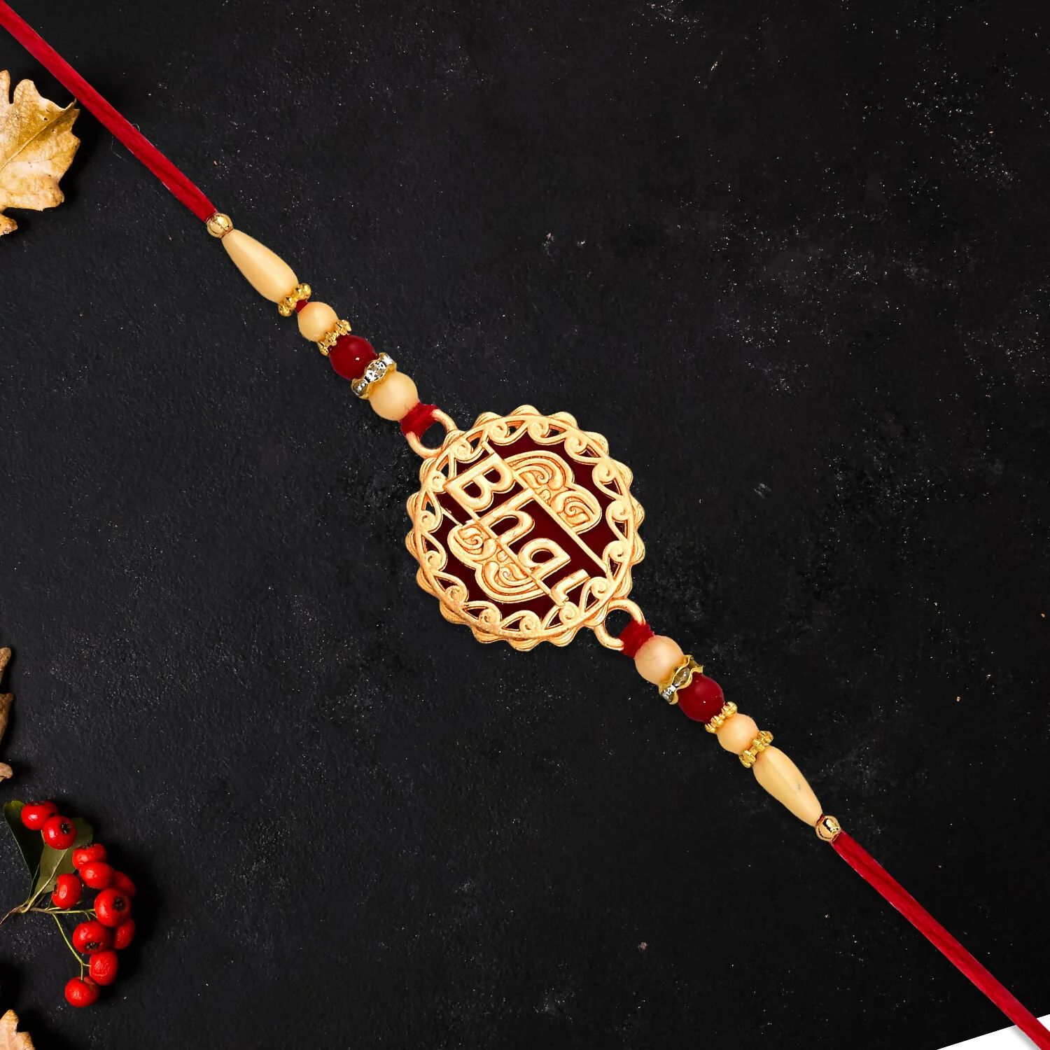 Golden “Bhai” Rakhi with Decorative Beads – Premium Rakhi for Brother - Image 3