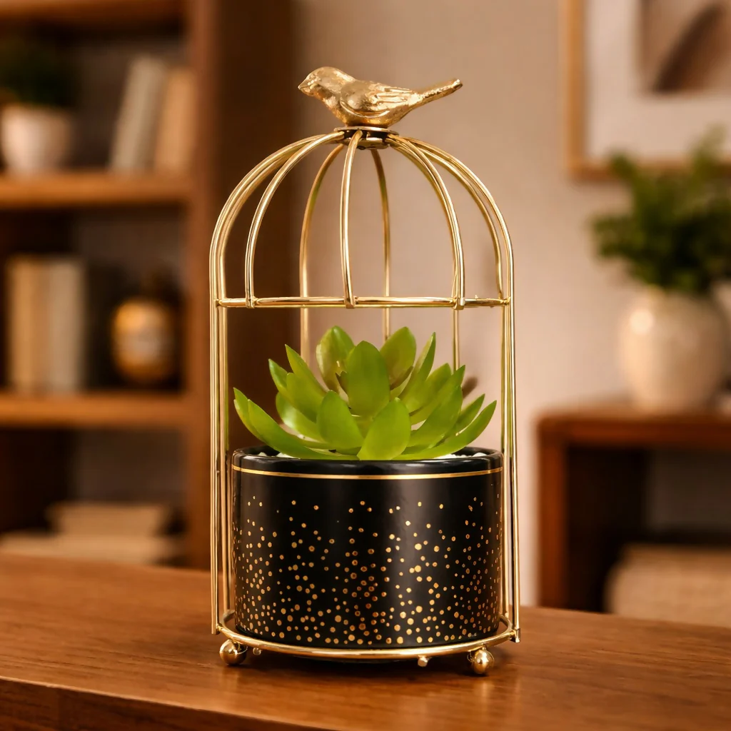 Golden Bird Cage Tabletop Planter with Decorative Pot(Color may vary) - Image 3