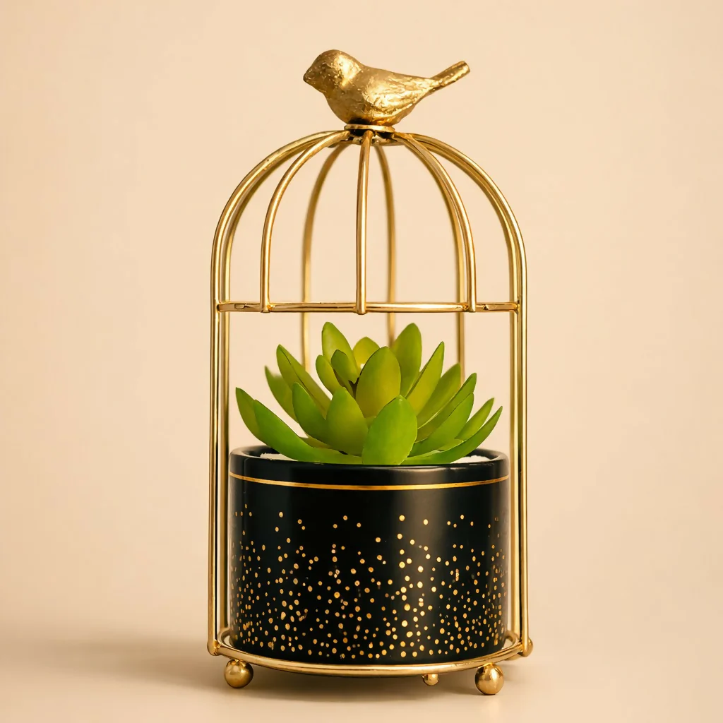 Golden Bird Cage Tabletop Planter with Decorative Pot(Color may vary) - Image 4