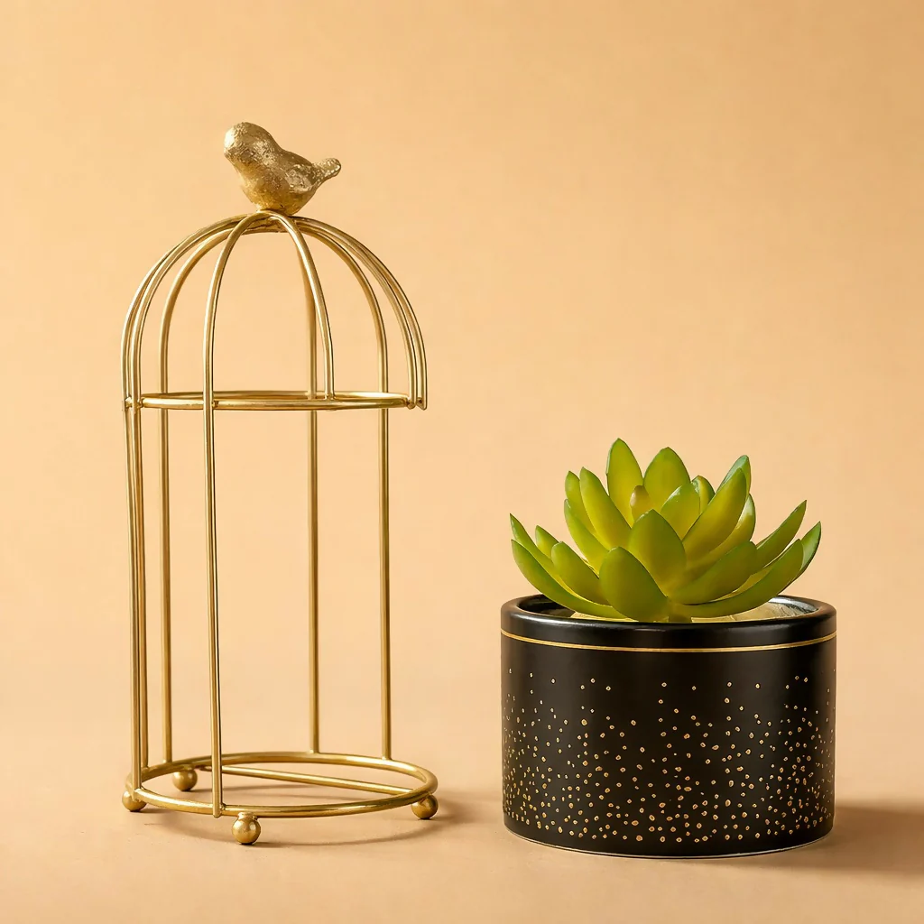Golden Bird Cage Tabletop Planter with Decorative Pot(Color may vary) - Image 5