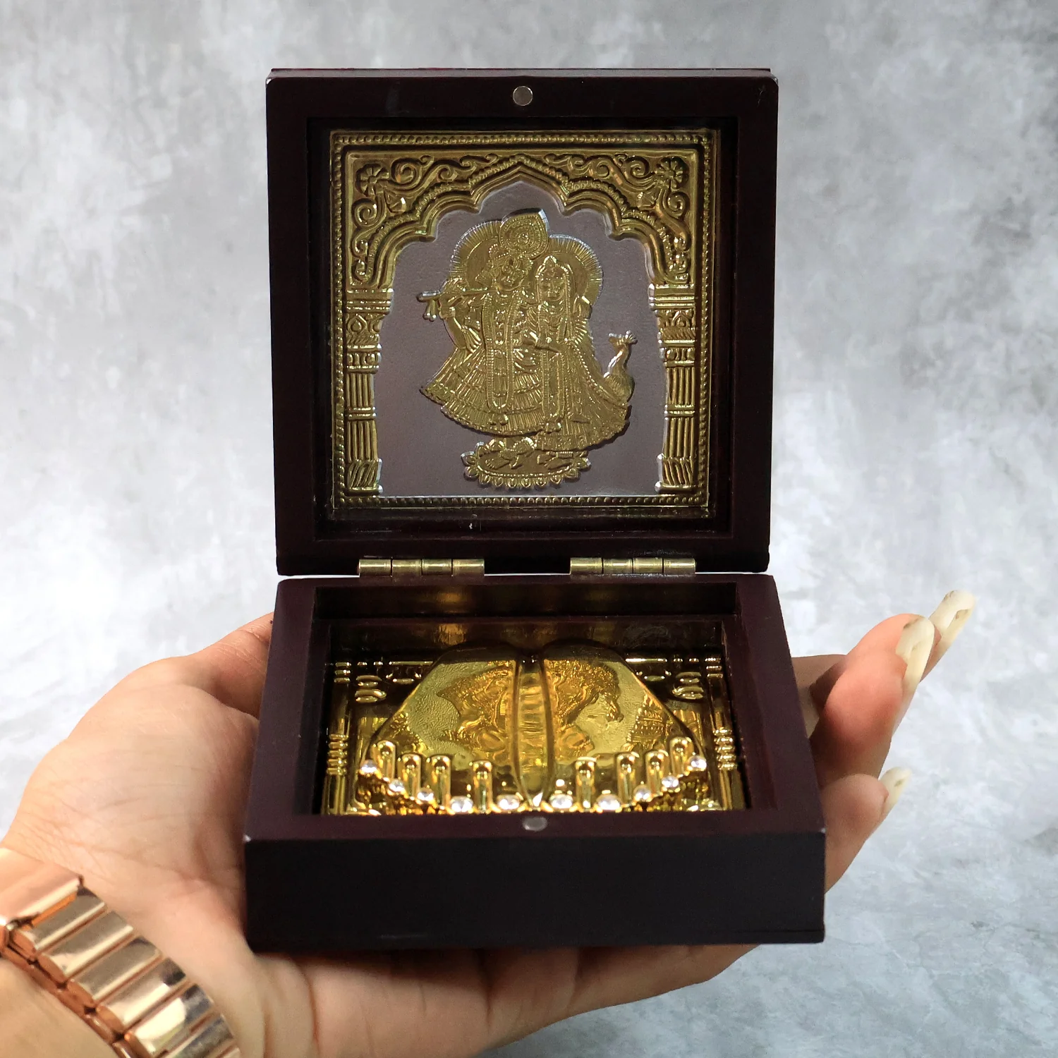 Golden Charan Paduka in Wooden Box – Spiritual Gift & Pooja Accessory - Image 3