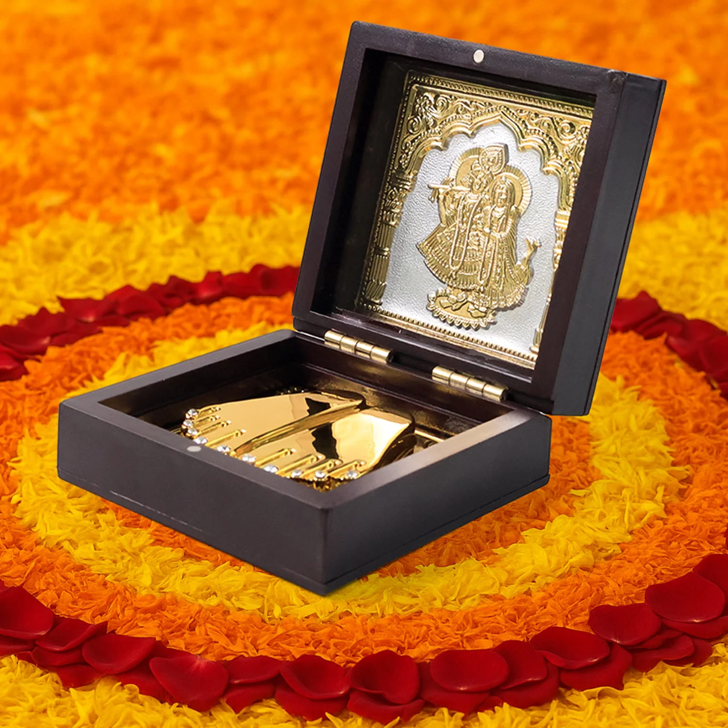 Golden Charan Paduka in Wooden Box – Spiritual Gift & Pooja Accessory - Image 6