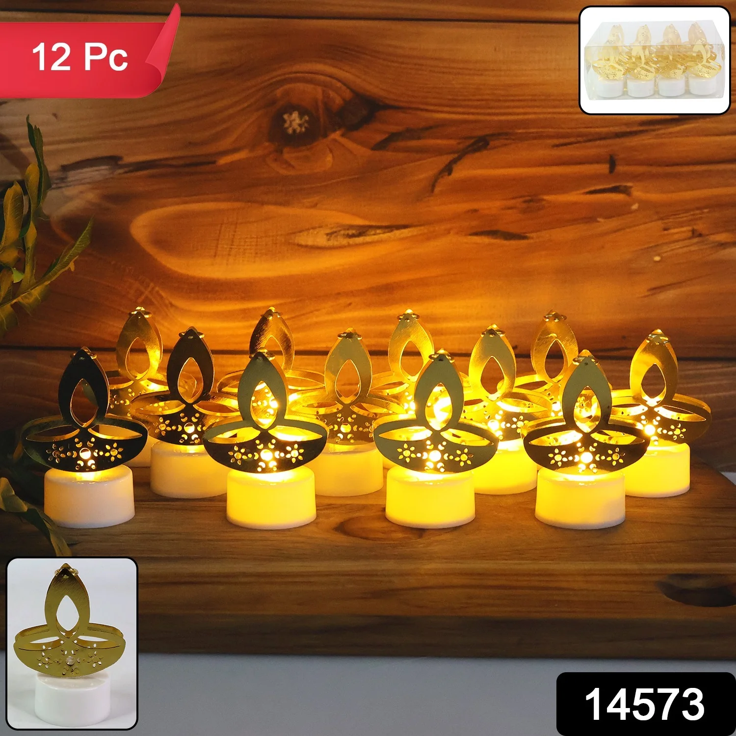 Golden Diya Shaped LED Tealight Candles (12 Pc) - Image 2
