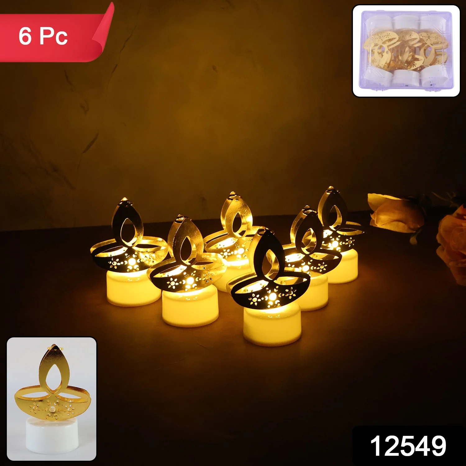 Golden Diya Shaped LED Tealight Candles (6 Pc) - Image 2