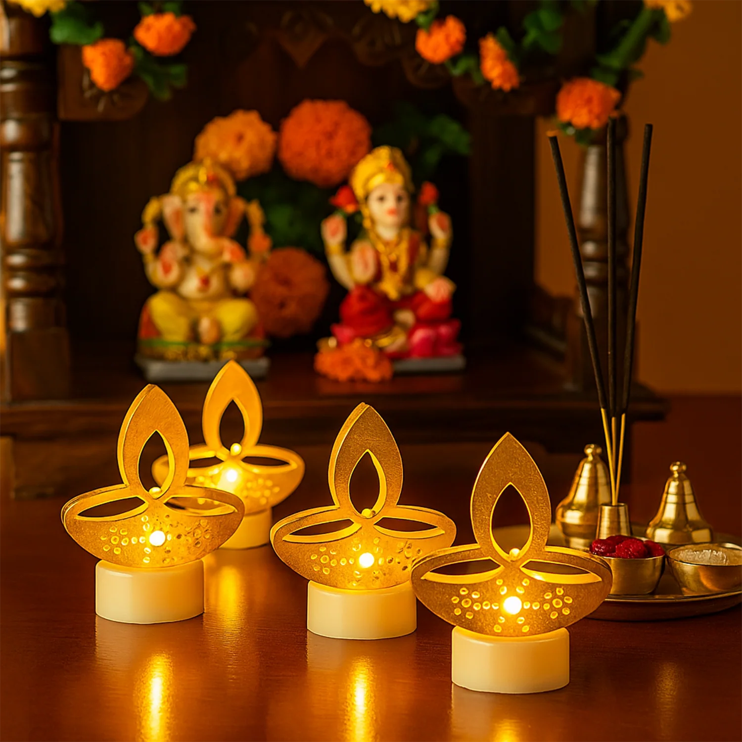 Golden Diya Shaped LED Tealight Candles (6 Pc) - Image 4