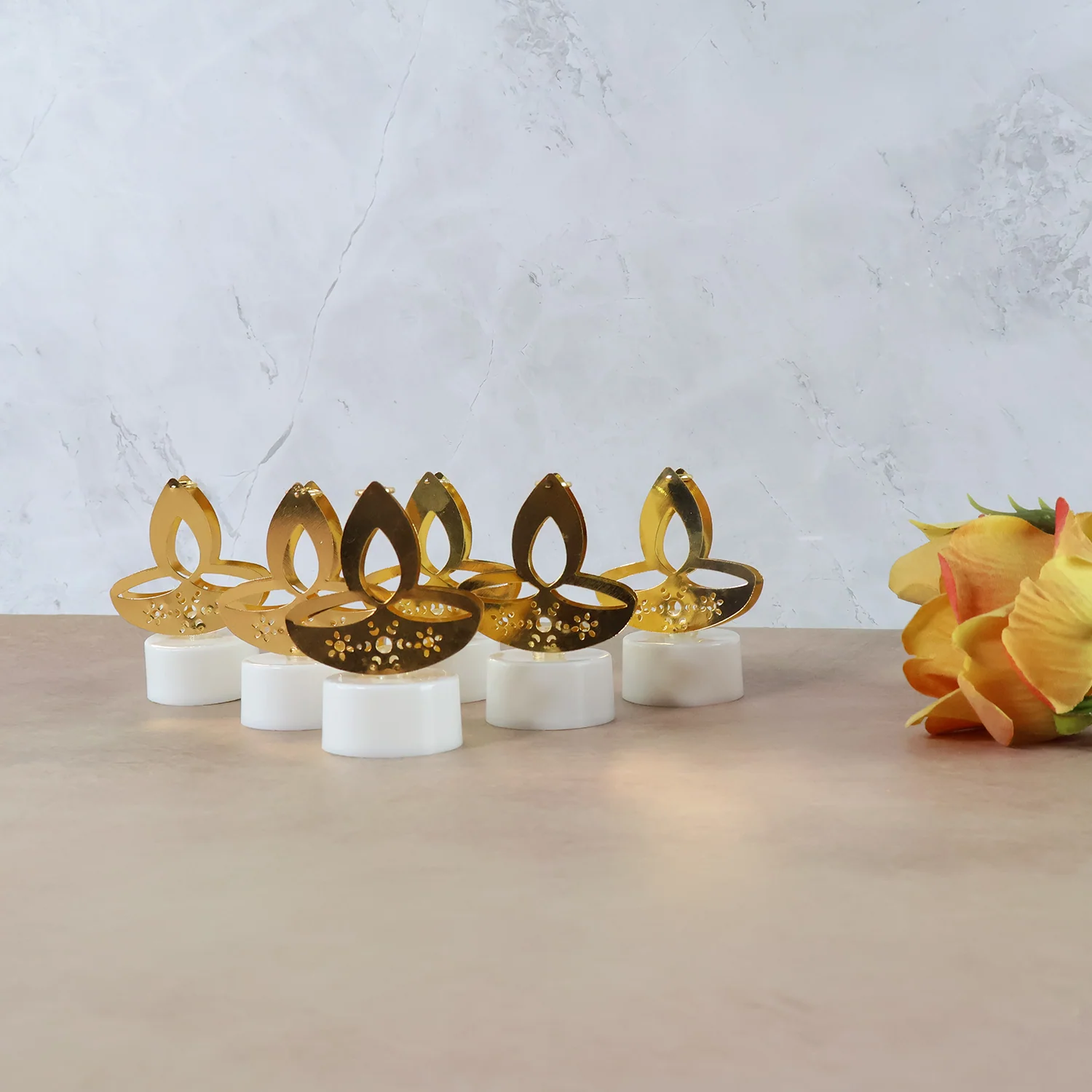 Golden Diya Shaped LED Tealight Candles (6 Pc) - Image 6