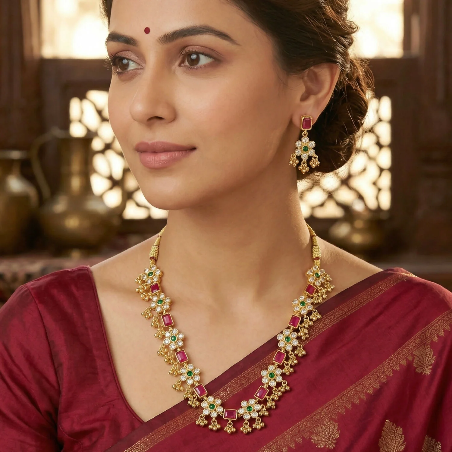 Lotus Floral Necklace Set with Traditional Design - Image 3