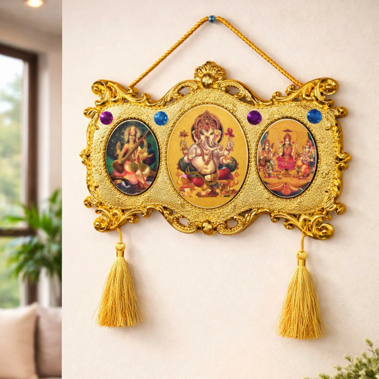 Golden Triple God Wall Hanging with Ganesha Lakshmi Saraswati (Triple Oval Design) - Image 2