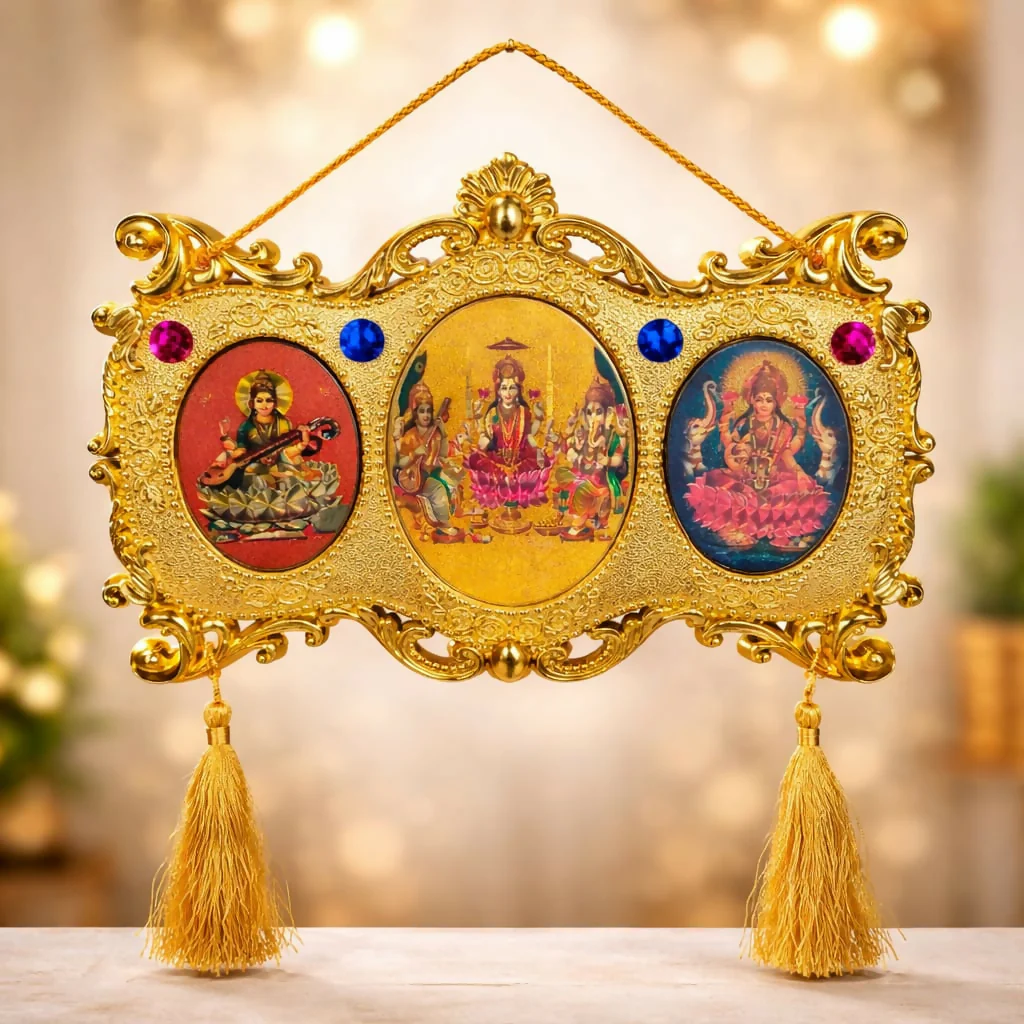 Golden Triple God Wall Hanging with Ganesha Lakshmi Saraswati (Triple Oval Design) - Image 3
