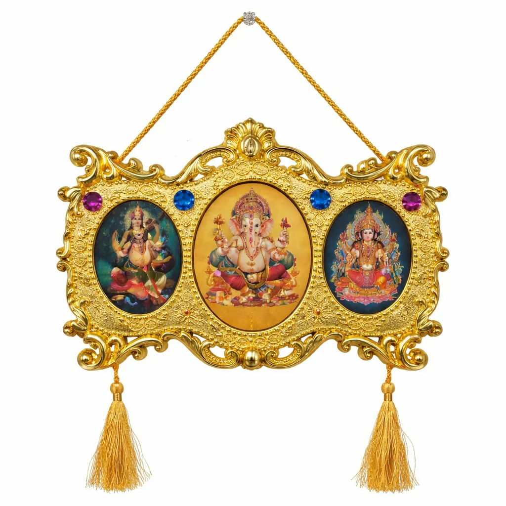 Golden Triple God Wall Hanging with Ganesha Lakshmi Saraswati (Triple Oval Design) - Image 4