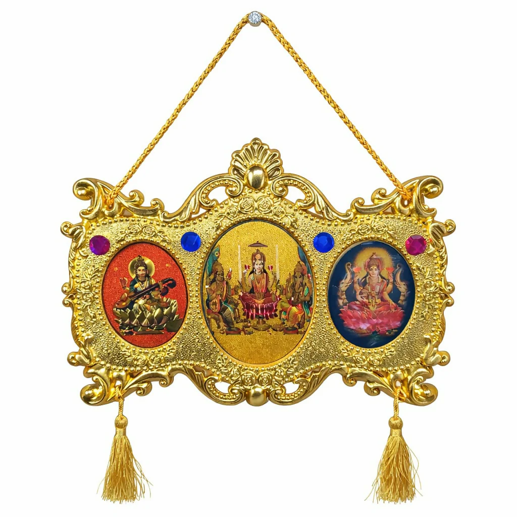 Golden Triple God Wall Hanging with Ganesha Lakshmi Saraswati (Triple Oval Design) - Image 5