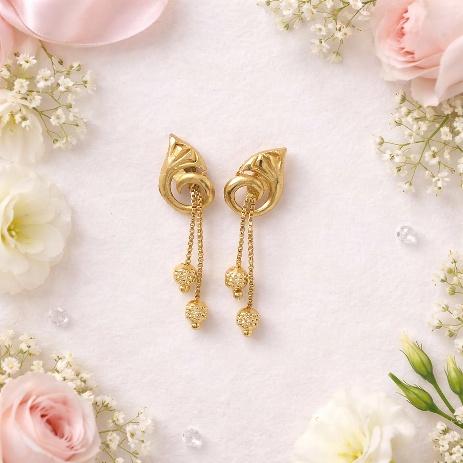 Graceful Flower Crown Gold Dangle Earrings with Bead Drops and Chains (2 Pair) - Image 3