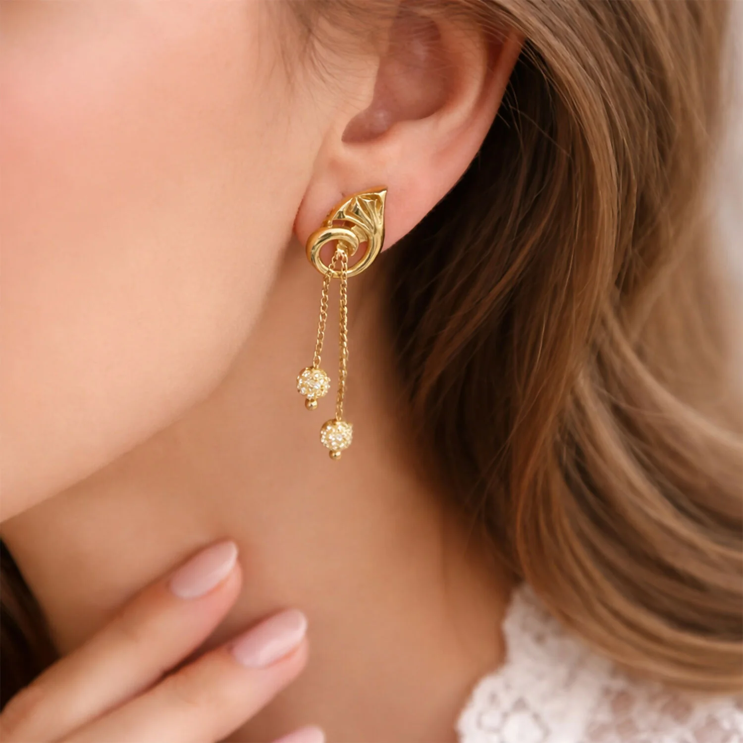 Graceful Flower Crown Gold Dangle Earrings with Bead Drops and Chains (2 Pair) - Image 4