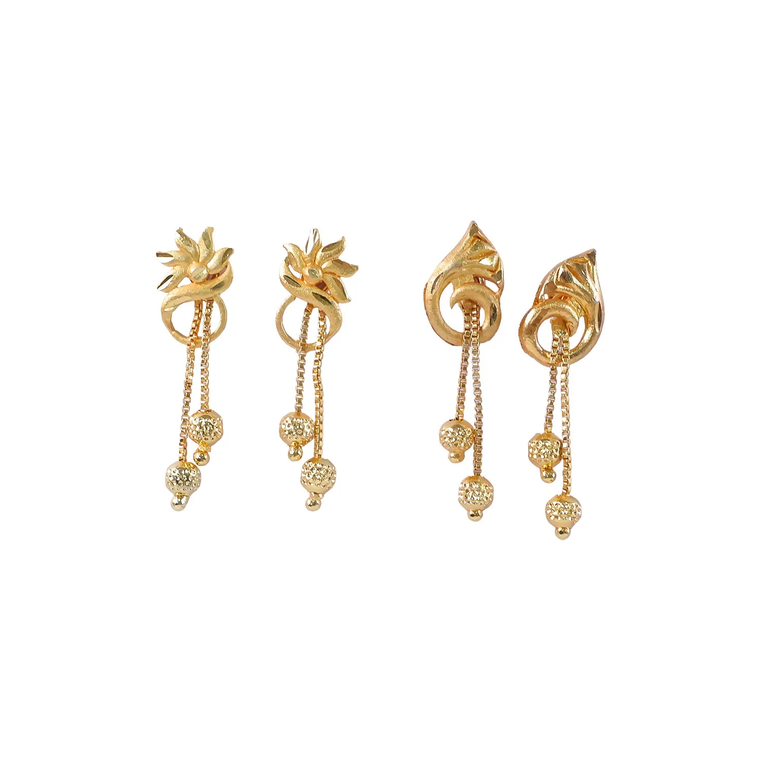 Graceful Flower Crown Gold Dangle Earrings with Bead Drops and Chains (2 Pair) - Image 5