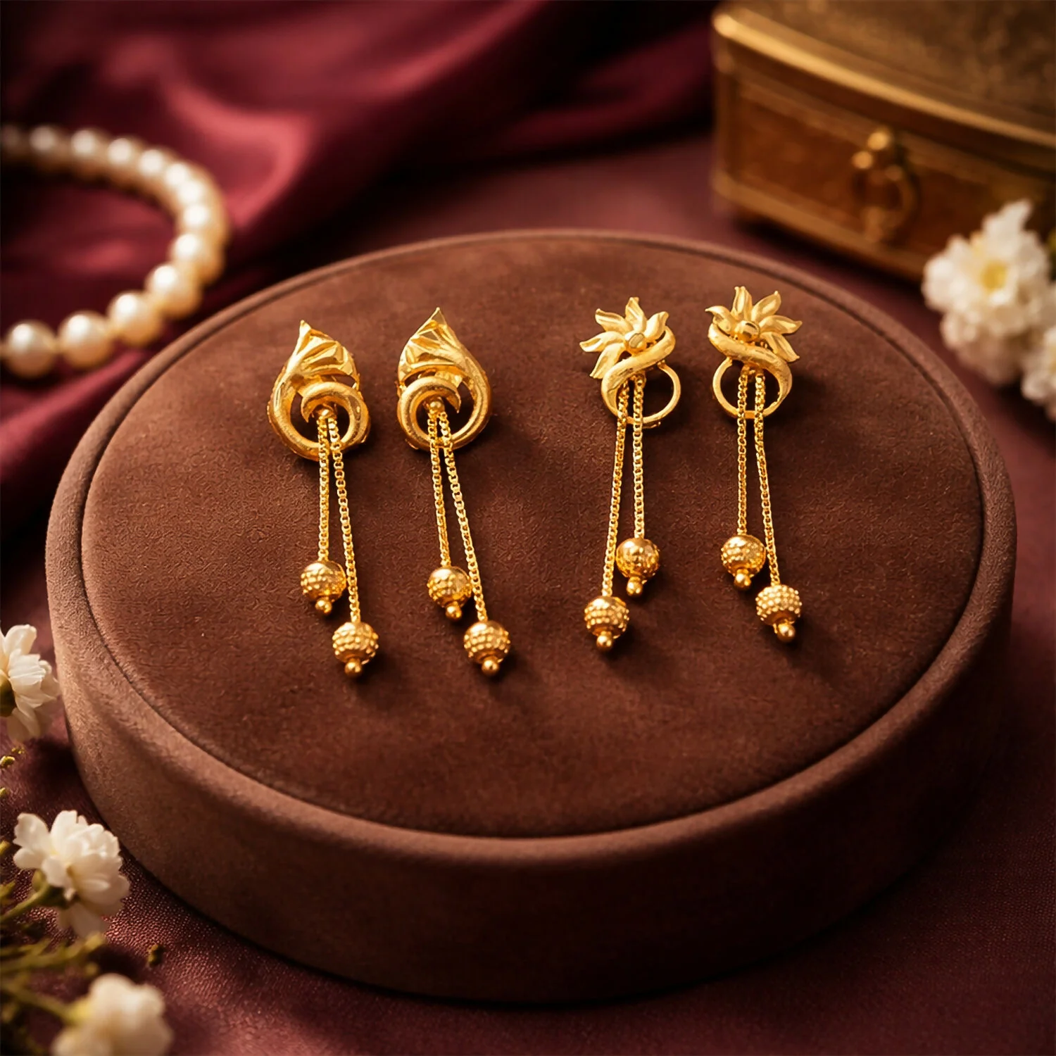 Graceful Flower Crown Gold Dangle Earrings with Bead Drops and Chains (2 Pair) - Image 6